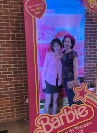 The author and her daughter pose in the Barbie Doll box at the Majestic 7 in Watertown's Arsenal Yards before seeing the &quot;Barbie&quot; movie. (Courtesy Alysia Abbott)