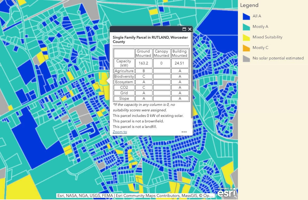 This screenshot shows what you see when you click on a parcel in the mapping tool. (Courtesy DOER)