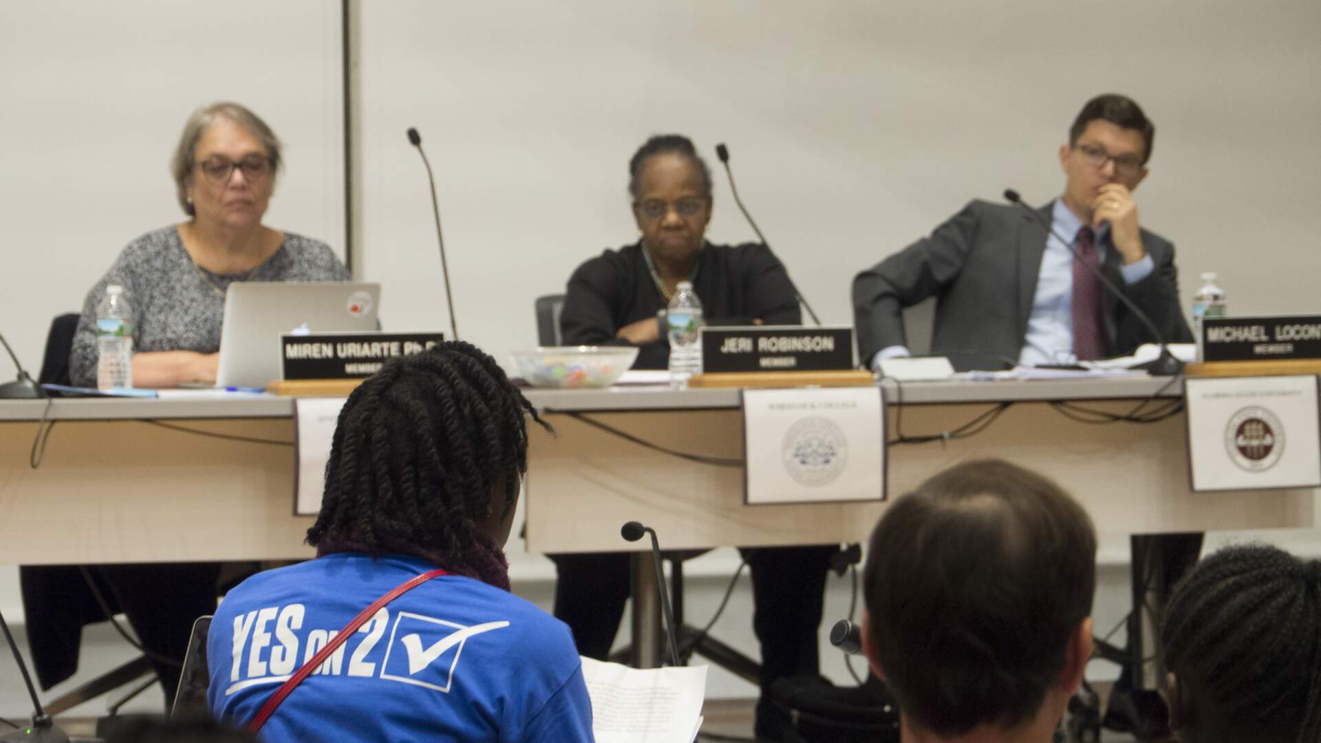 A parent making a public comment at a Boston Public School Committee meeting in October 2016. (Max Larkin/WBUR)