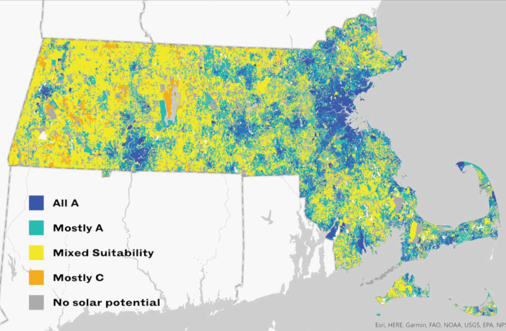 This map shows the breakdown of solar potential across the state. (Courtesy of DOER)