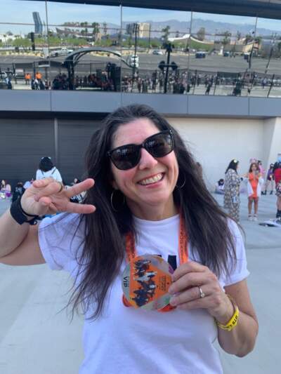 The author at Allegiant Stadium, Las Vegas, after checking in for VIP soundcheck seats at BTS Permission to Dance concert, April 2022. (Courtesy Tracey Palmer) 