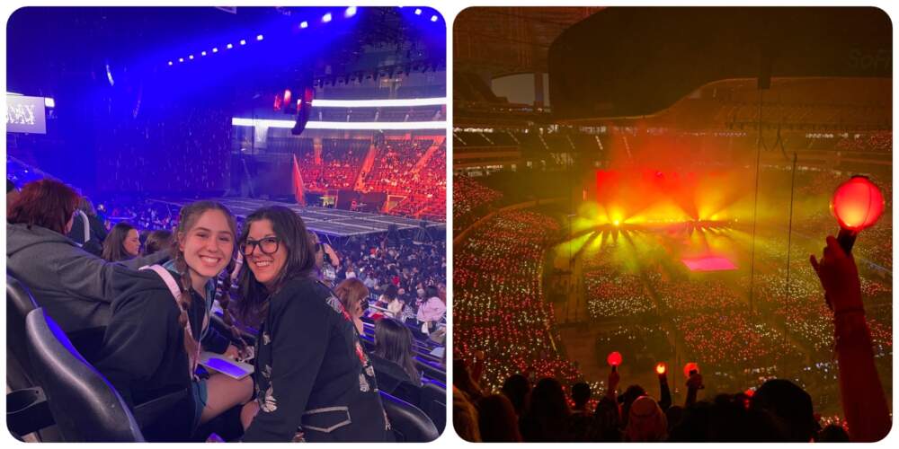 The author and her daughter, Hadley Timmermann, ready for Agust D's (aka SUGA) very first show on his D-Day world tour -- the first solo tour for any BTS member -- at UBS Arena, Long Island, NY, April 2023 (Left); and customized ARMY Bombs raised high as fans chant and wait for the BTS Permission to Dance show to start, at Allegiant Stadium, Las Vegas, April 2022. (Right) (Courtesy Tracey Palmer) 