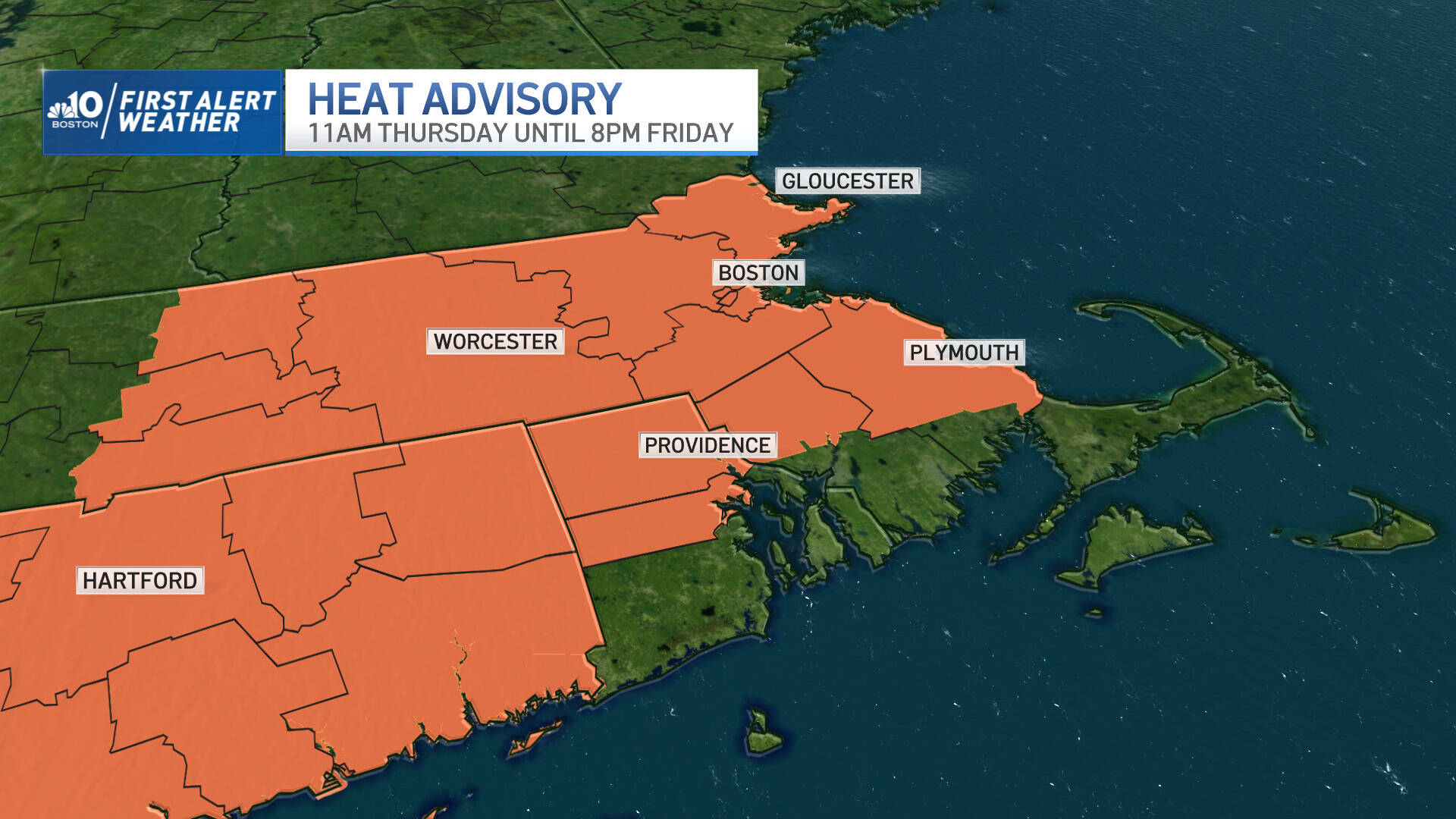 A heat advisory is in place for much of southern New England. (Courtesy NBC Boston)