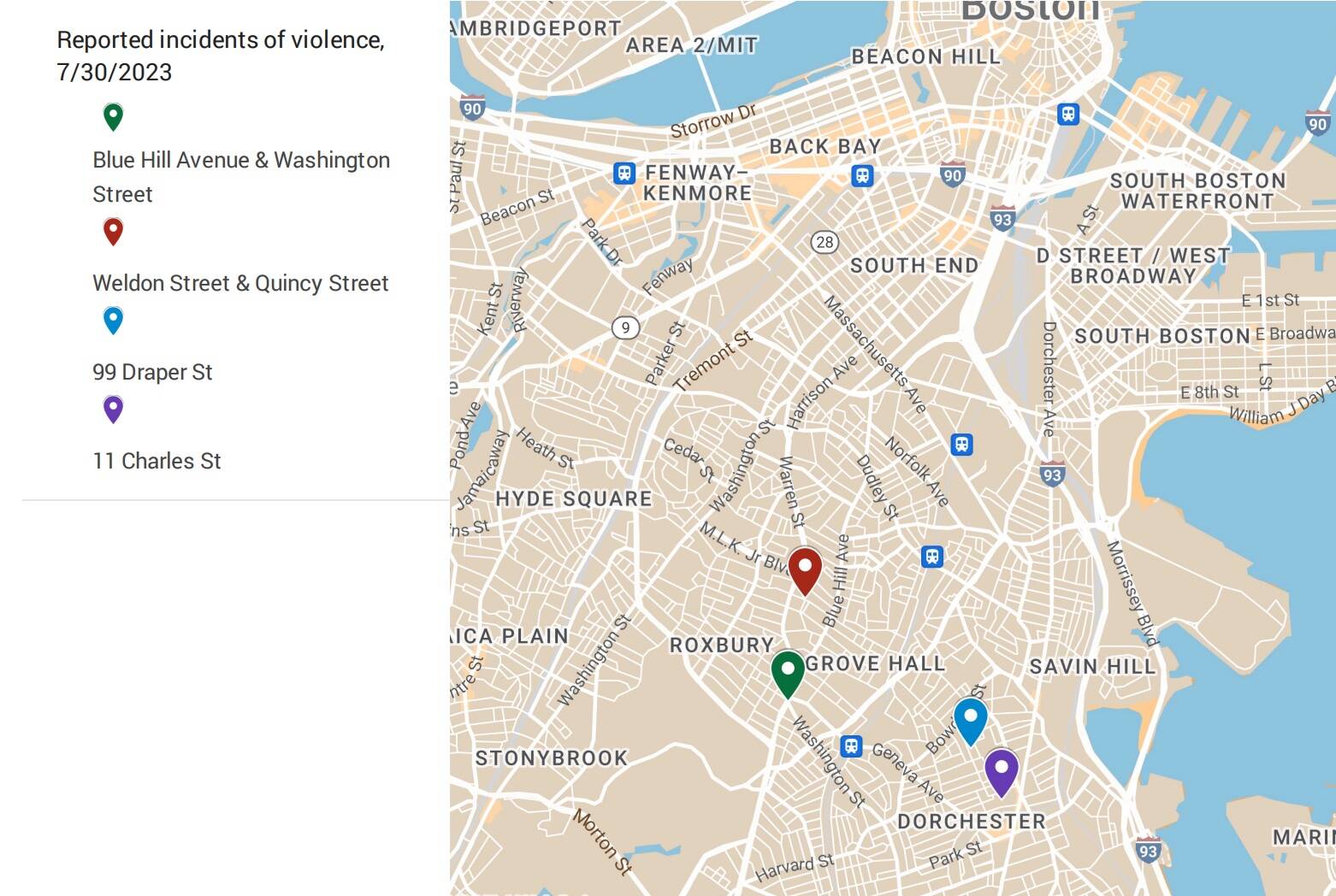 Three shootings and an incident in which two people were stabbed occurred in Boston Sunday night at the locations on this map. (Google Maps)