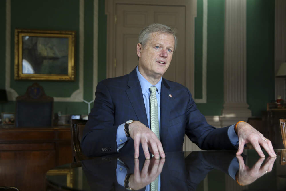Former Mass. Gov. Charlie Baker speaks during an interview at the Massachusetts State House on one of his final days in office in December of 2022. (Reba Saldanha/AP)