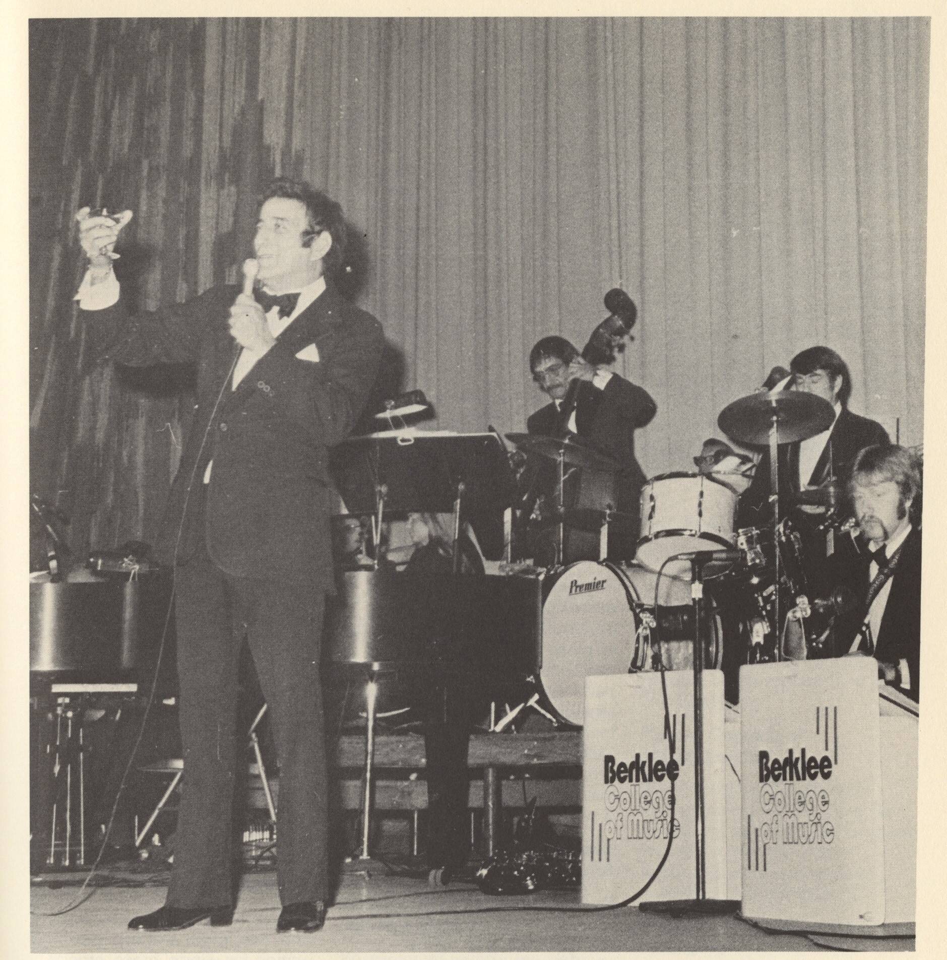 Tony Bennett performs with the Berklee Jazz Orchestra, pictured in a Berklee College of Music catalog from 1978-1979. (Courtesy Berklee Archives)