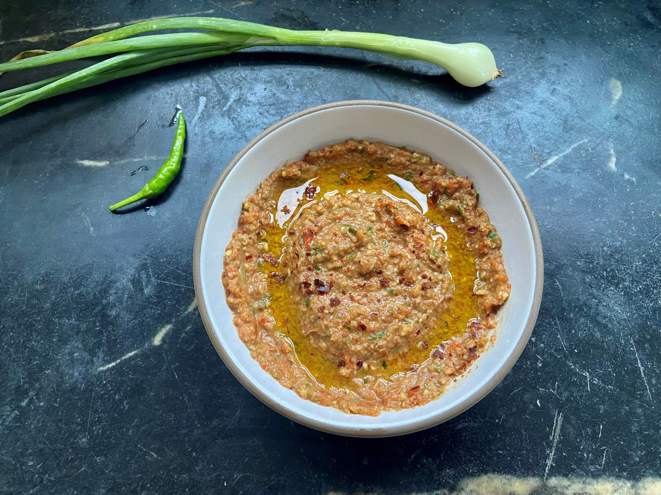Muhammara (red pepper and nut spread). (Kathy Gunst/Here & Now)