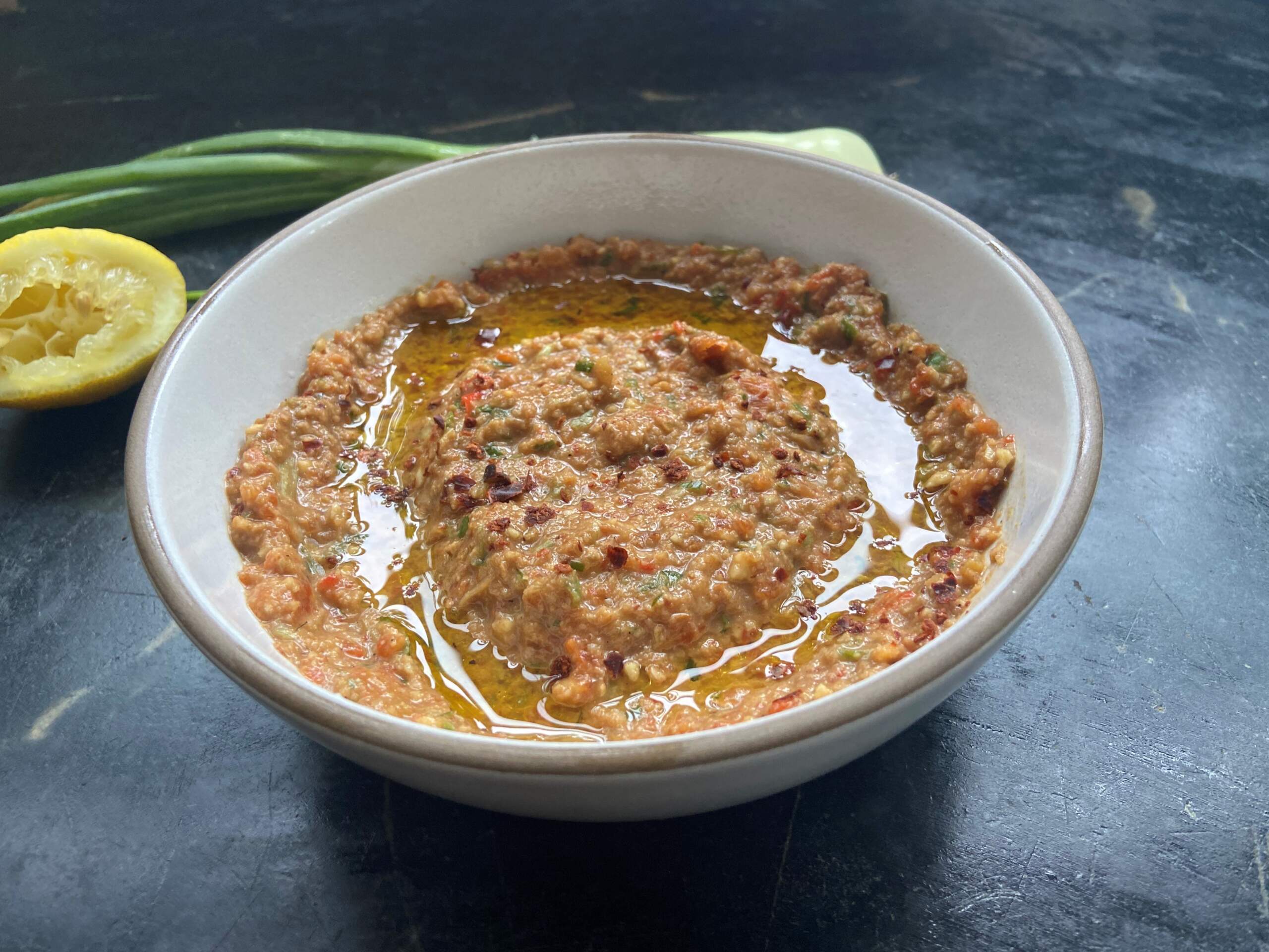 Muhammara (red pepper and nut spread). (Kathy Gunst/Here & Now)