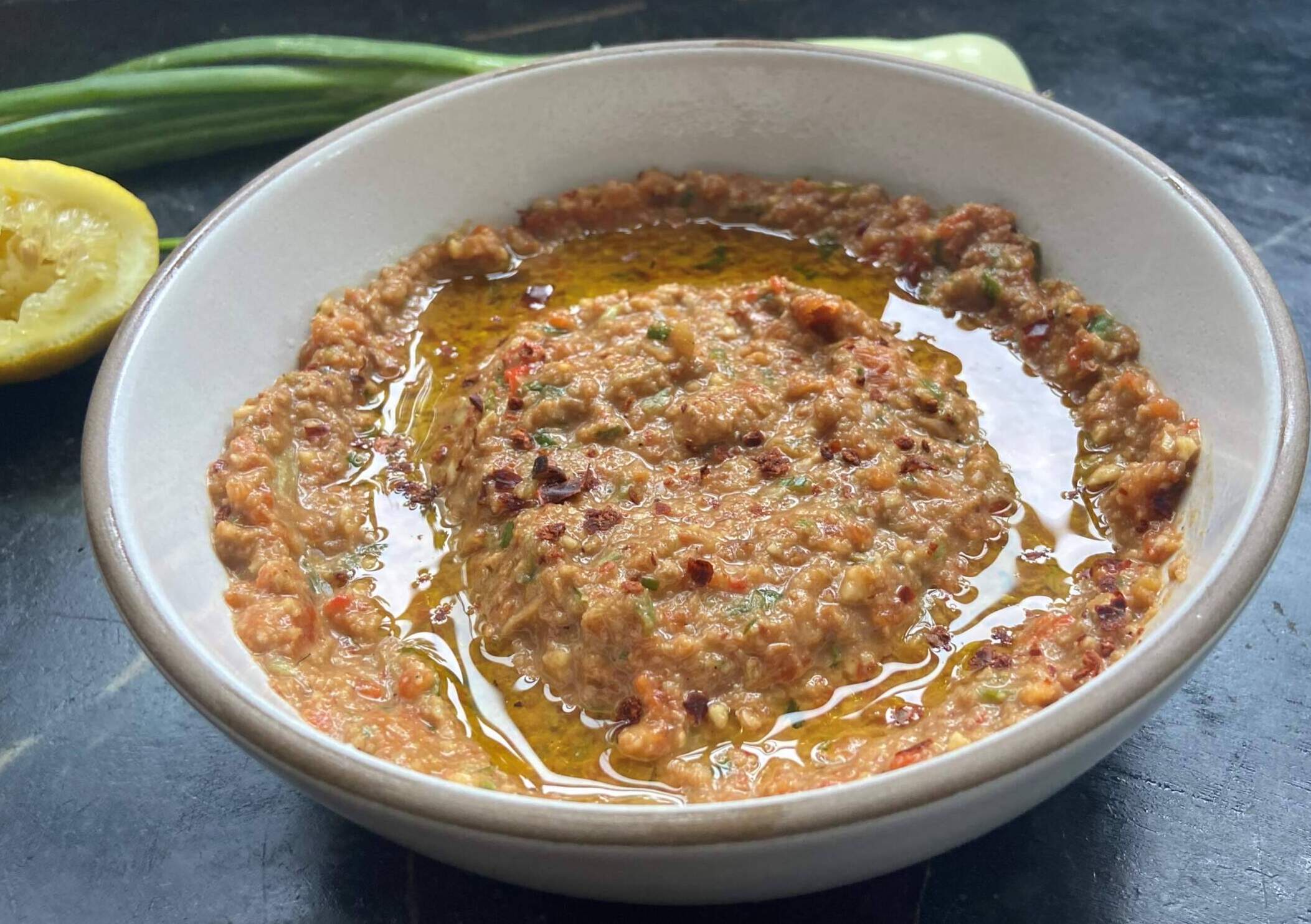 Muhammara (red pepper and nut spread). (Kathy Gunst/Here &amp; Now)