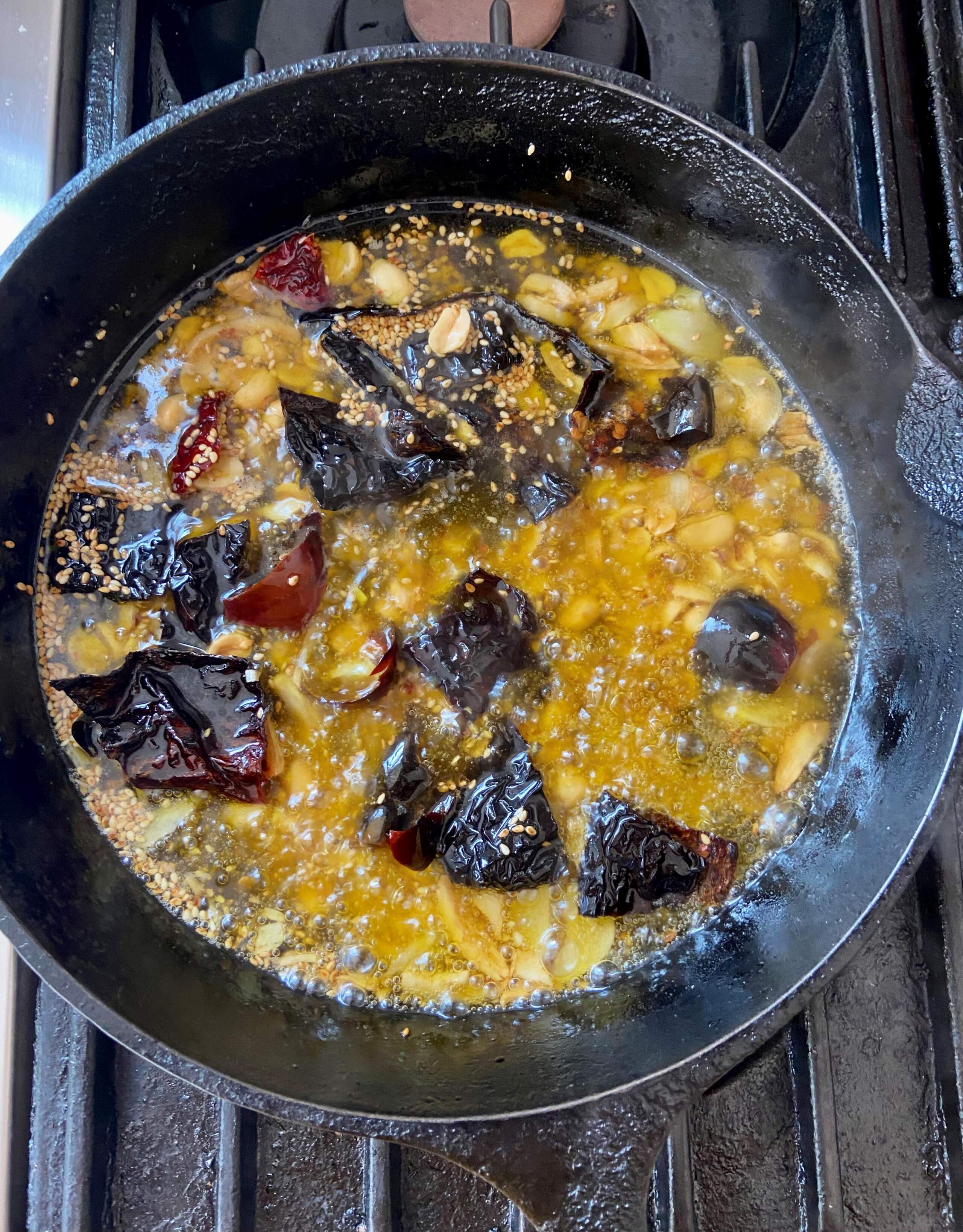 Salsa macha cooking. (Kathy Gunst/Here & Now)