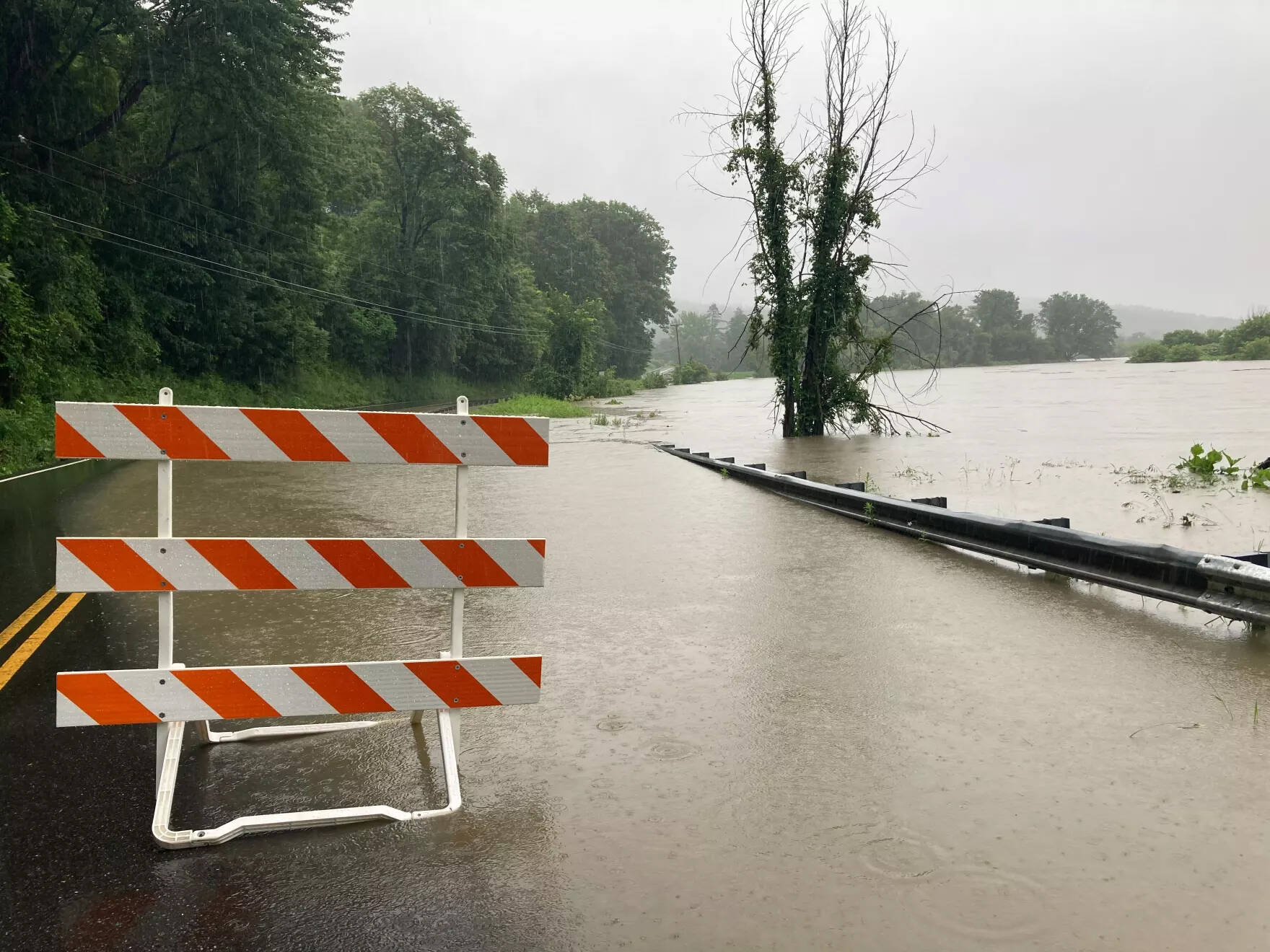 Flooding on Route 12 in Middlesex on the way into Montpelier on Monday, July 10, 2023. (Liam Elder-Connors/Vermont Public)