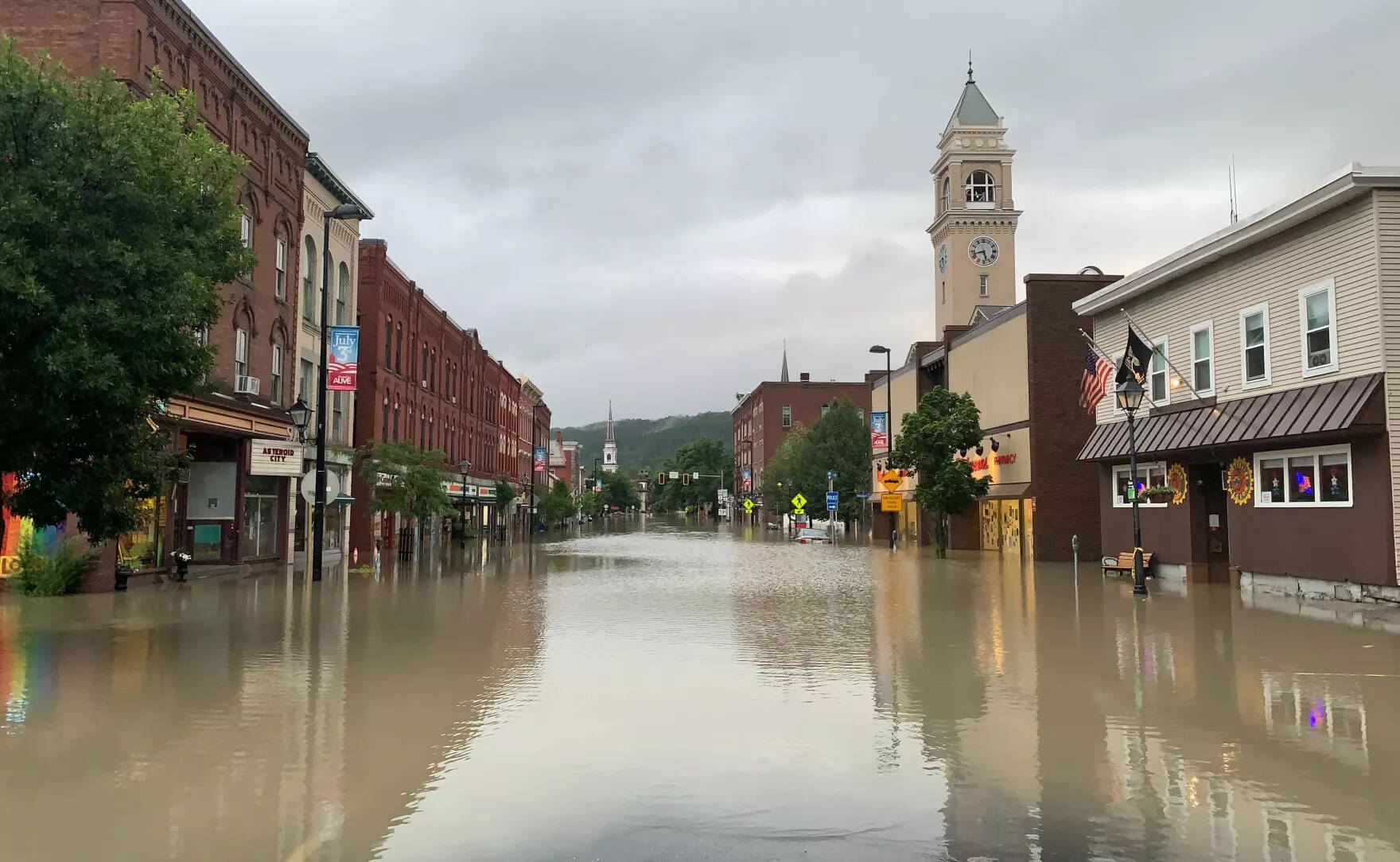 Main Street in Montpelier at 5:30 a.m. July 11, 2023. That morning, the city issued an emergency health order closing its downtown. (Mike Doherty/Vermont Public)