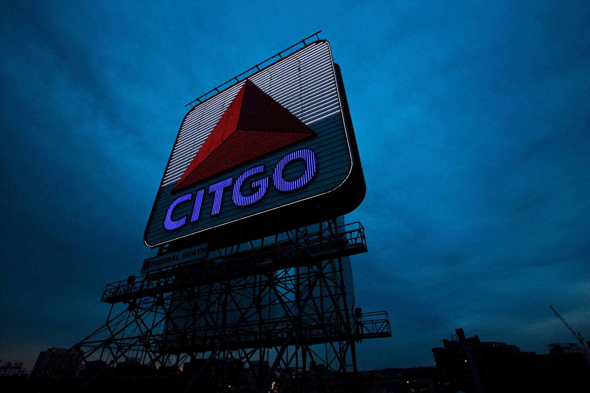 The Citgo sign in Kenmore Square at twilight. (Jesse Costa/WBUR)