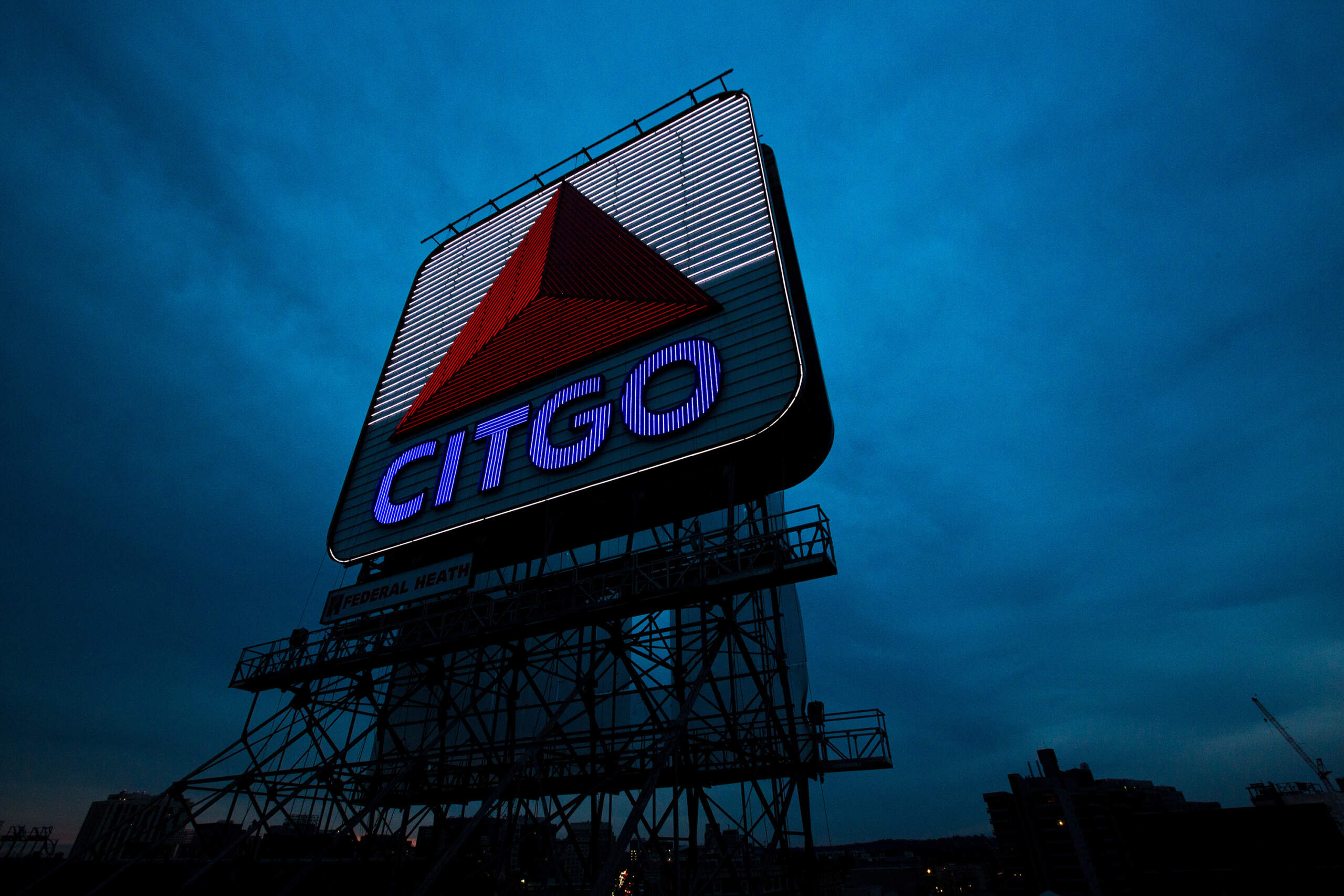 The Citgo sign in Kenmore Square at twilight. (Jesse Costa/WBUR)