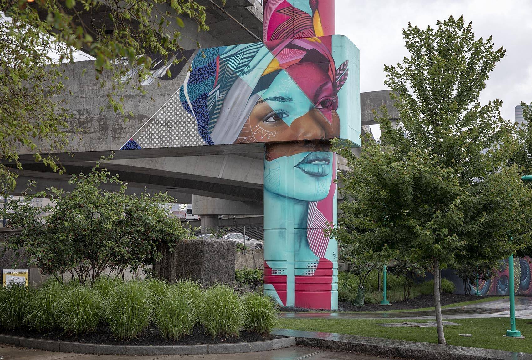 Part of Victor &quot;Marka27&quot; Quiñonez's mural at Underground at InkBlock, an urban park on the edge of the South End. (Robin Lubbock/WBUR)