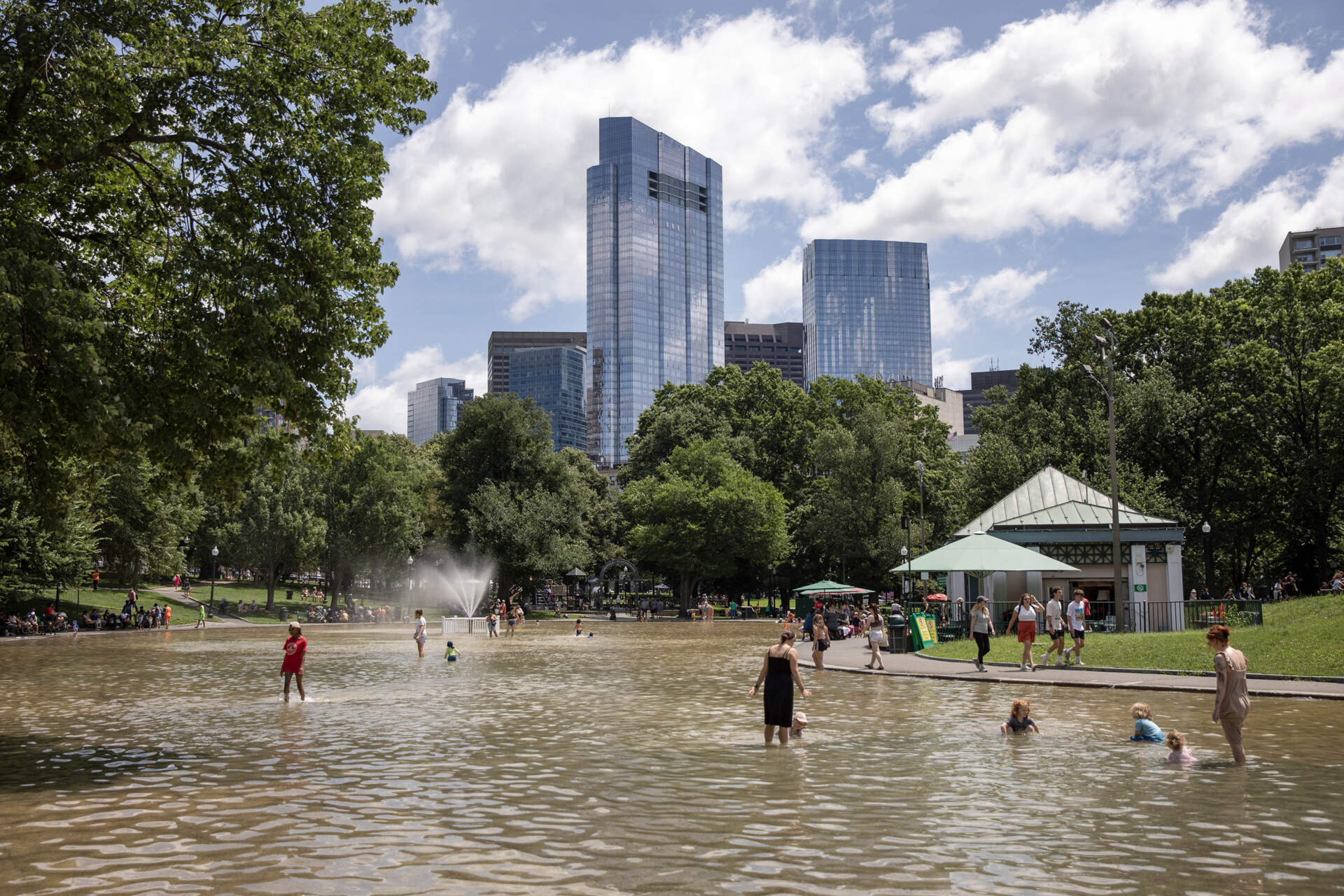 Families cool off in the Frog Pond on Boston Common. (Robin Lubbock/WBUR)