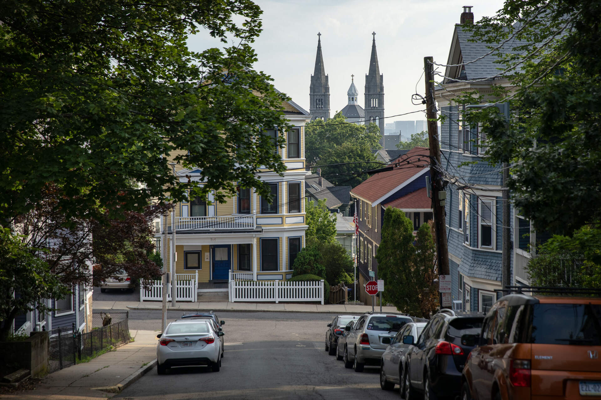 The spires of Boston's Basilica seen from Harleston Street in Mission Hill. (Robin Lubbock/WBUR)