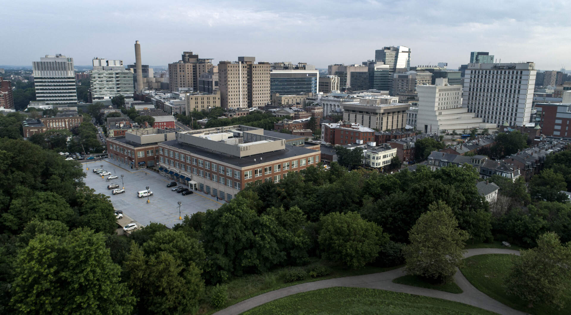 Looking from Kevin W. Fitzgerald Park in Mission Hill across Boston's medical area by Longwood Avenue. (Robin Lubbock/WBUR)