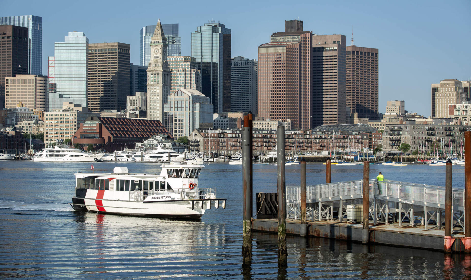 A ferry approaches the dock on East Pier Drive in East Boston. (Robin Lubbock/WBUR)