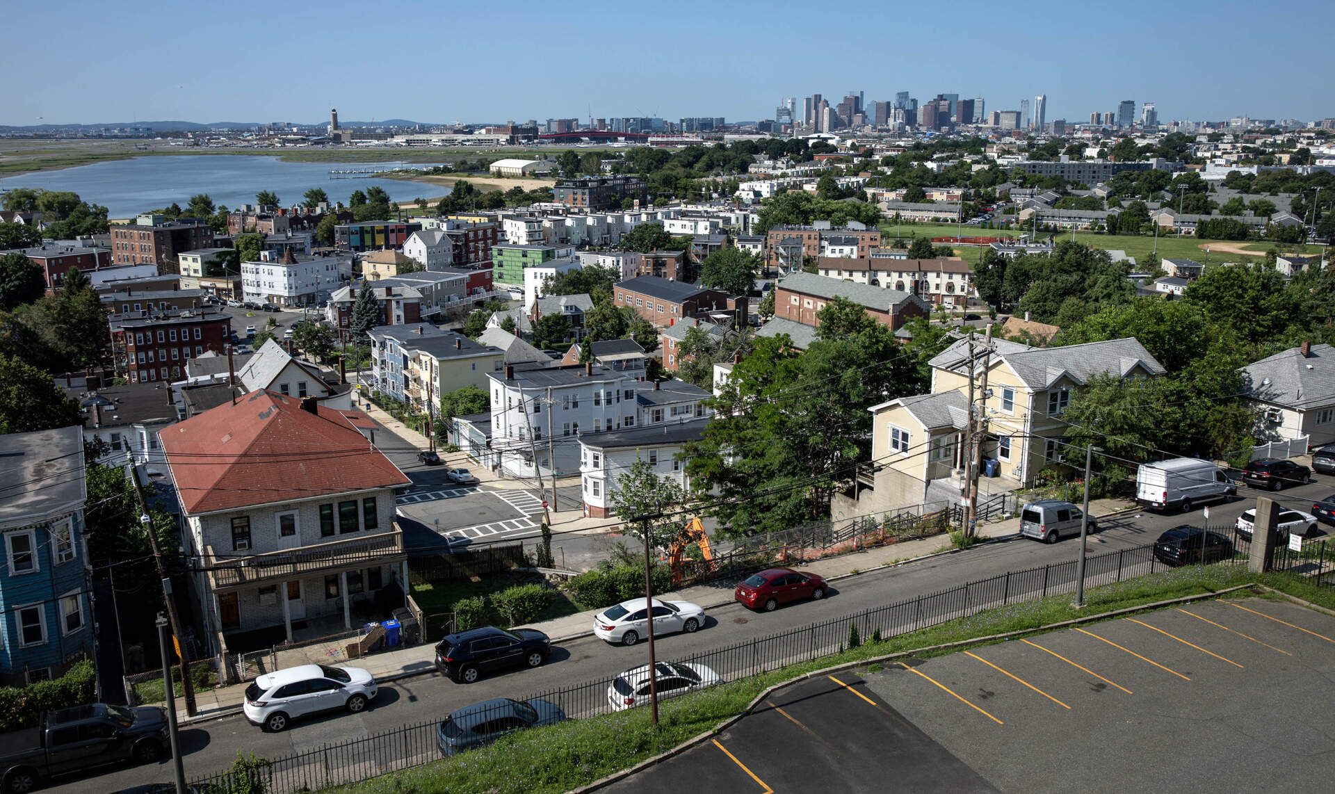 Looking across East Boston from Orient Heights, to Logan Airport and downtown Boston. (Robin Lubbock/WBUR)