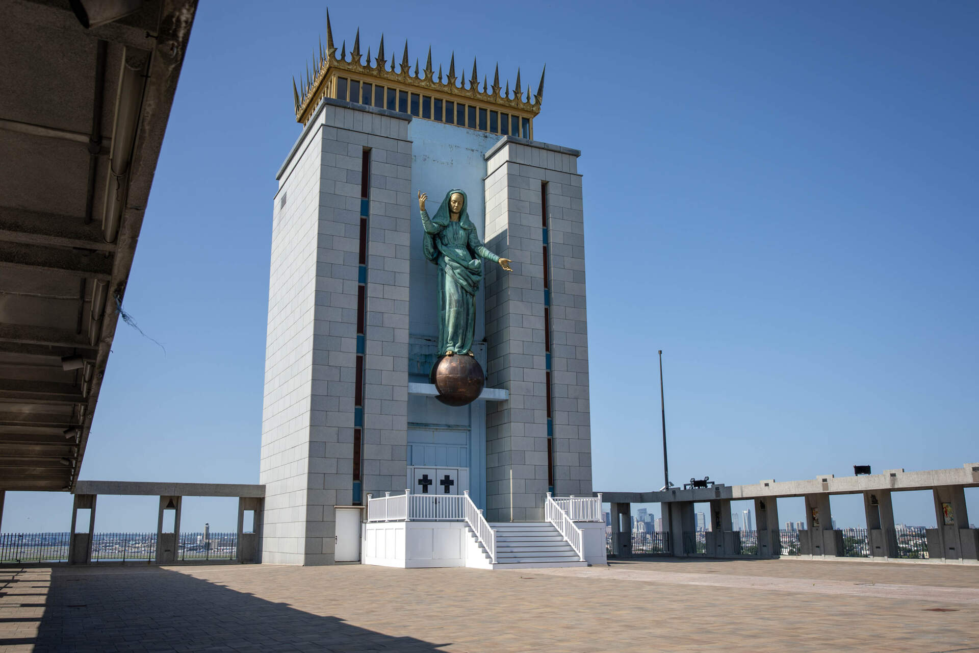 The Madonna Queen of the Universe shrine in East Boston's Orient Heights, which features a spectacular view of Logan Airport and downtown Boston. (Robin Lubbock/WBUR)