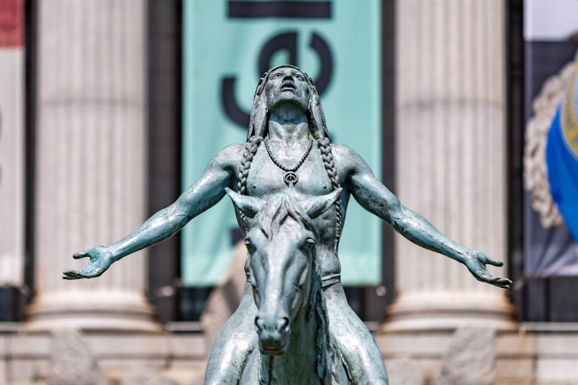 "Appeal to the Great Spirit," a 1909 equestrian statue by Cyrus Dallin in front of the Museum of Fine Arts Boston. (Jesse Costa/WBUR)