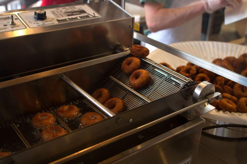 Apple cider donuts made by the Red Apple Farm at the Boston Public Market. (Hadley Green for WBUR).