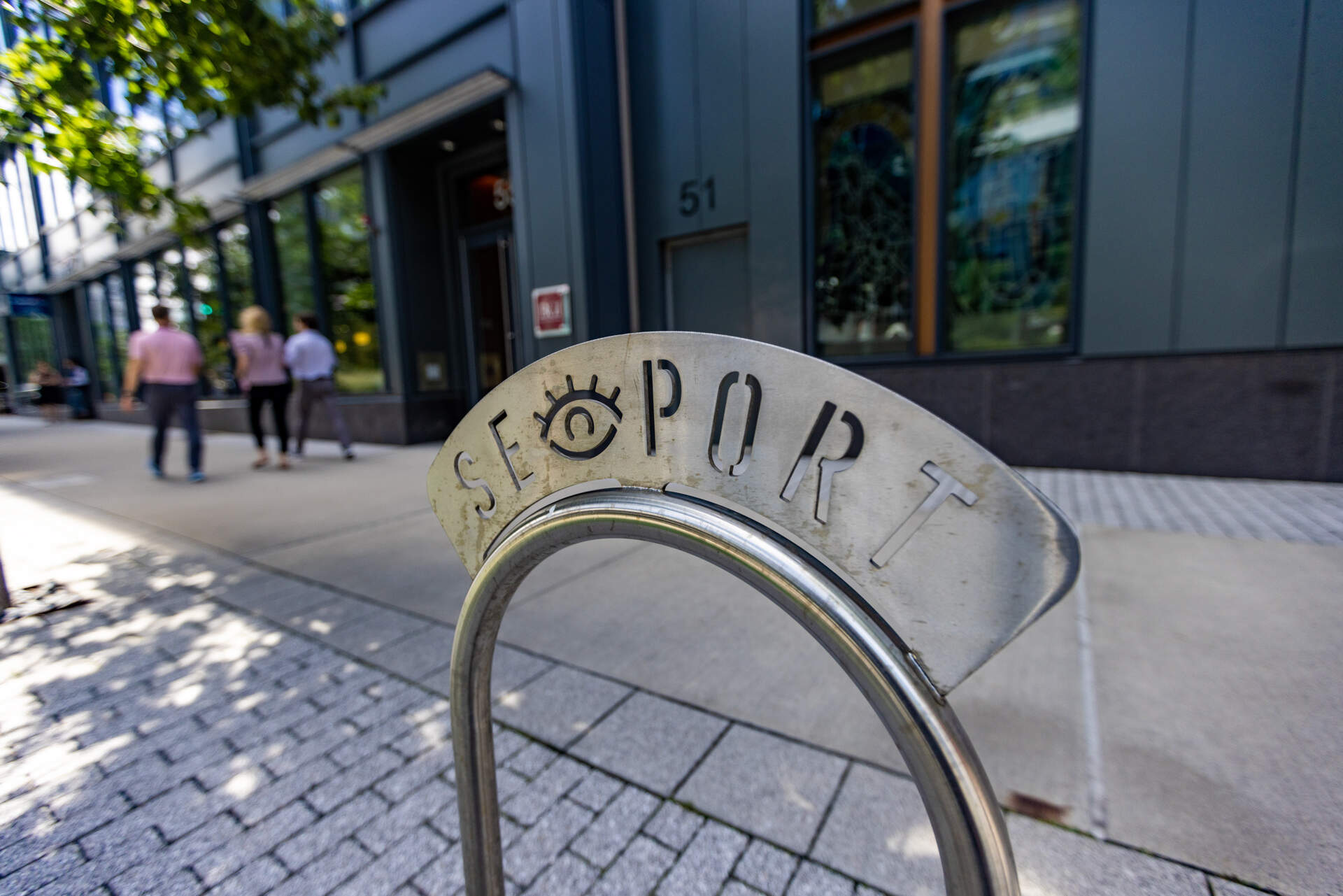 A bicycle rack along Seaport Boulevard. (Jesse Costa/WBUR)