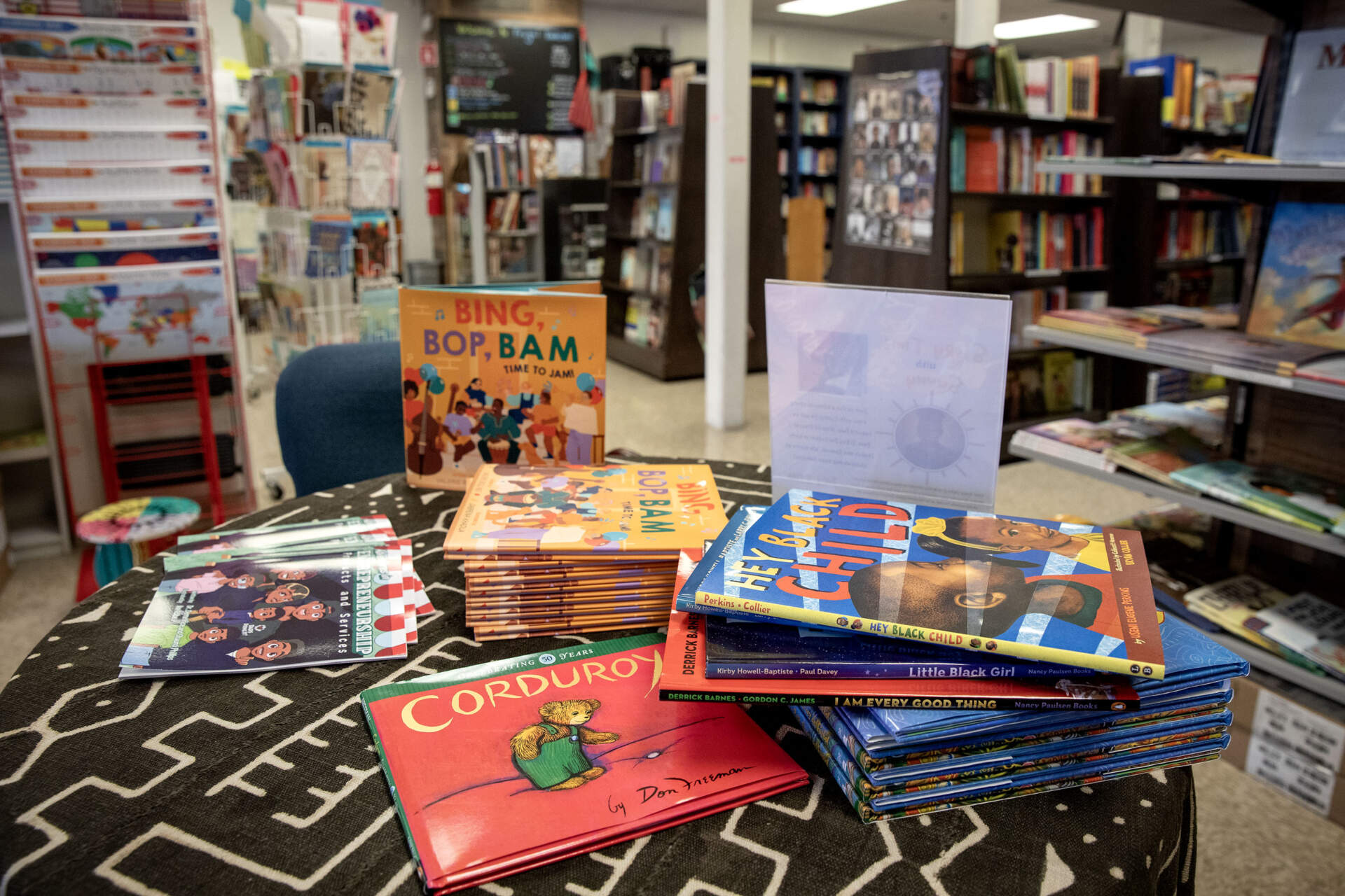 A display of children's books at Frugal Bookstore on Warren Street in Roxbury. (Robin Lubbock/WBUR)