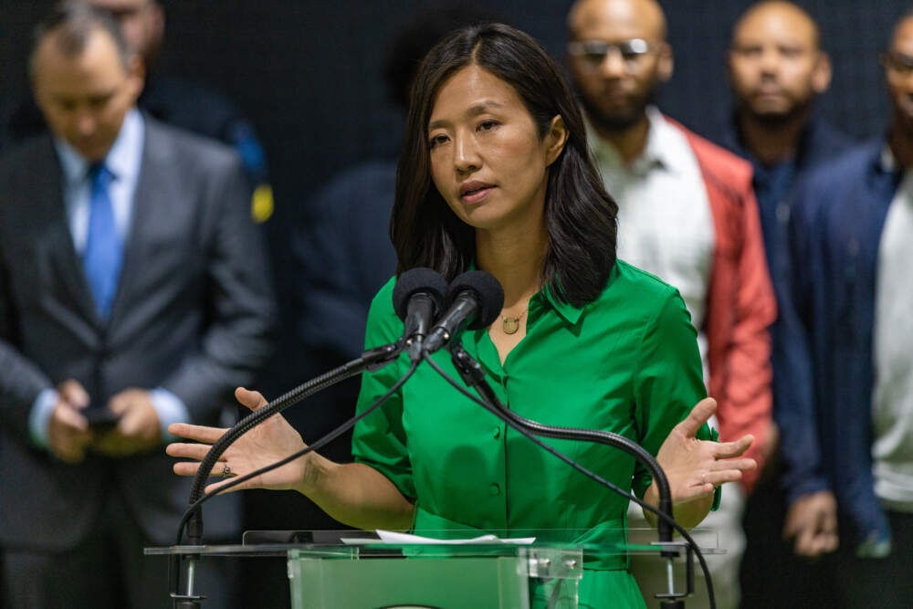Boston Mayor Michelle Wu outlines her approach to solving the crisis at &quot;Mass. and Cass&quot; during a press conference in Roxbury. (Jesse Costa/WBUR)