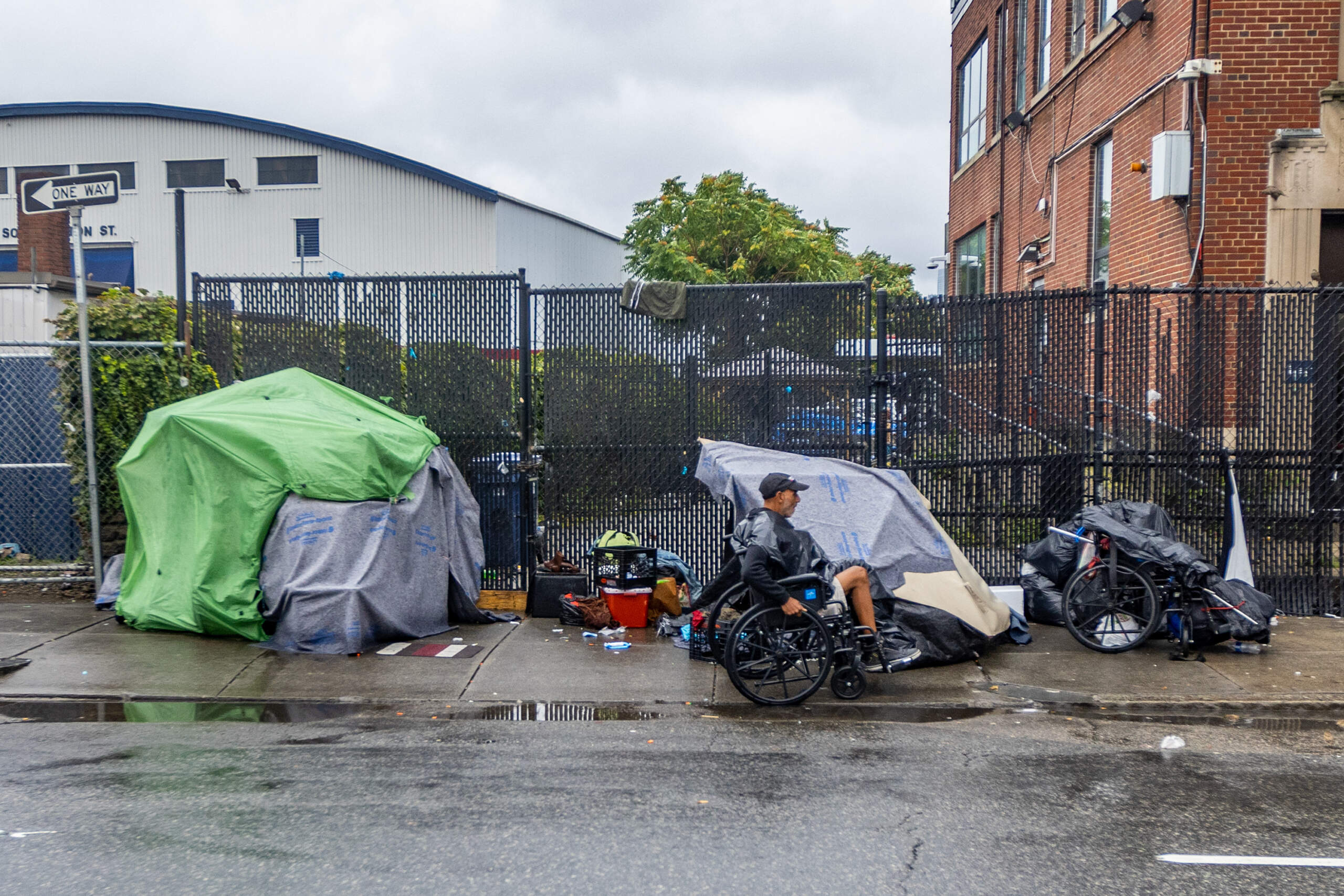 Tents where homeless people are living on Southampton Street in the the area known as "Mass. and Cass" located at the intersection of Massachusetts Avenue and Melnea Cass Boulevard, Aug. 25, 2023. (Jesse Costa/WBUR)