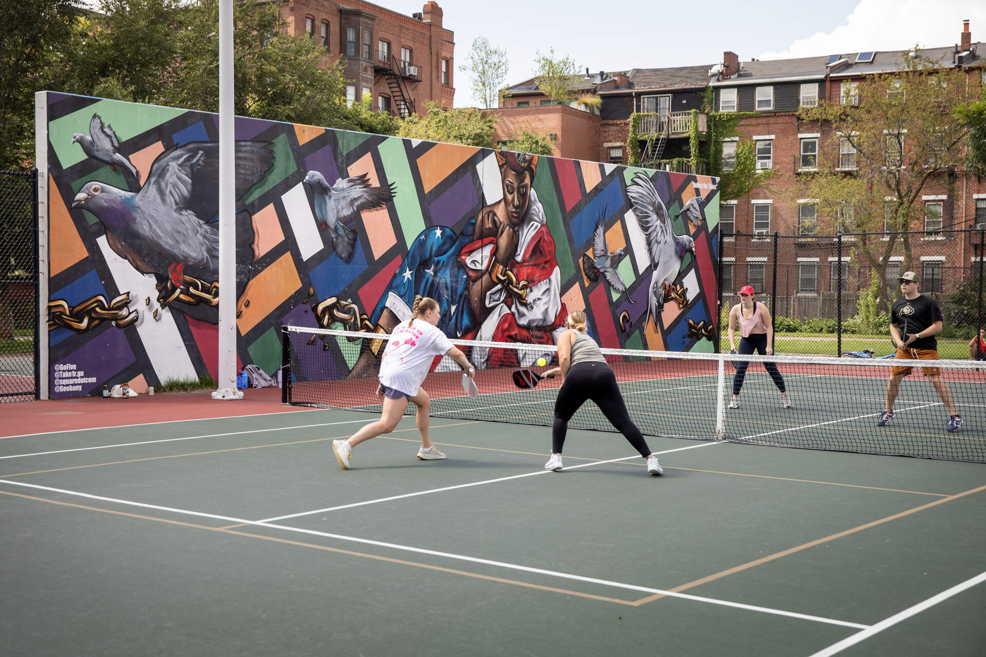 Pickleball players at Peters Park in Boston's South End. (Robin Lubbock/WBUR)