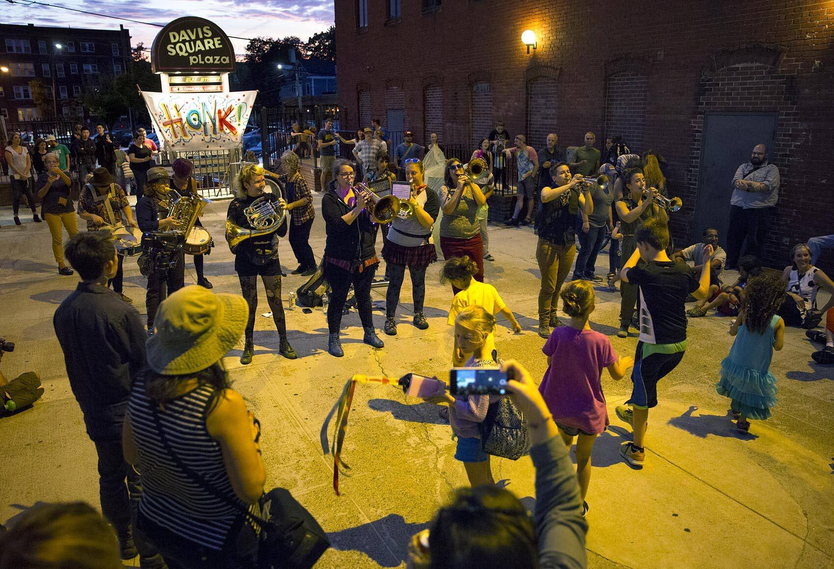 The Yes Ma'am Brass Band plays during Honk in 2017 in Somerville. (Robin Lubbock/WBUR)