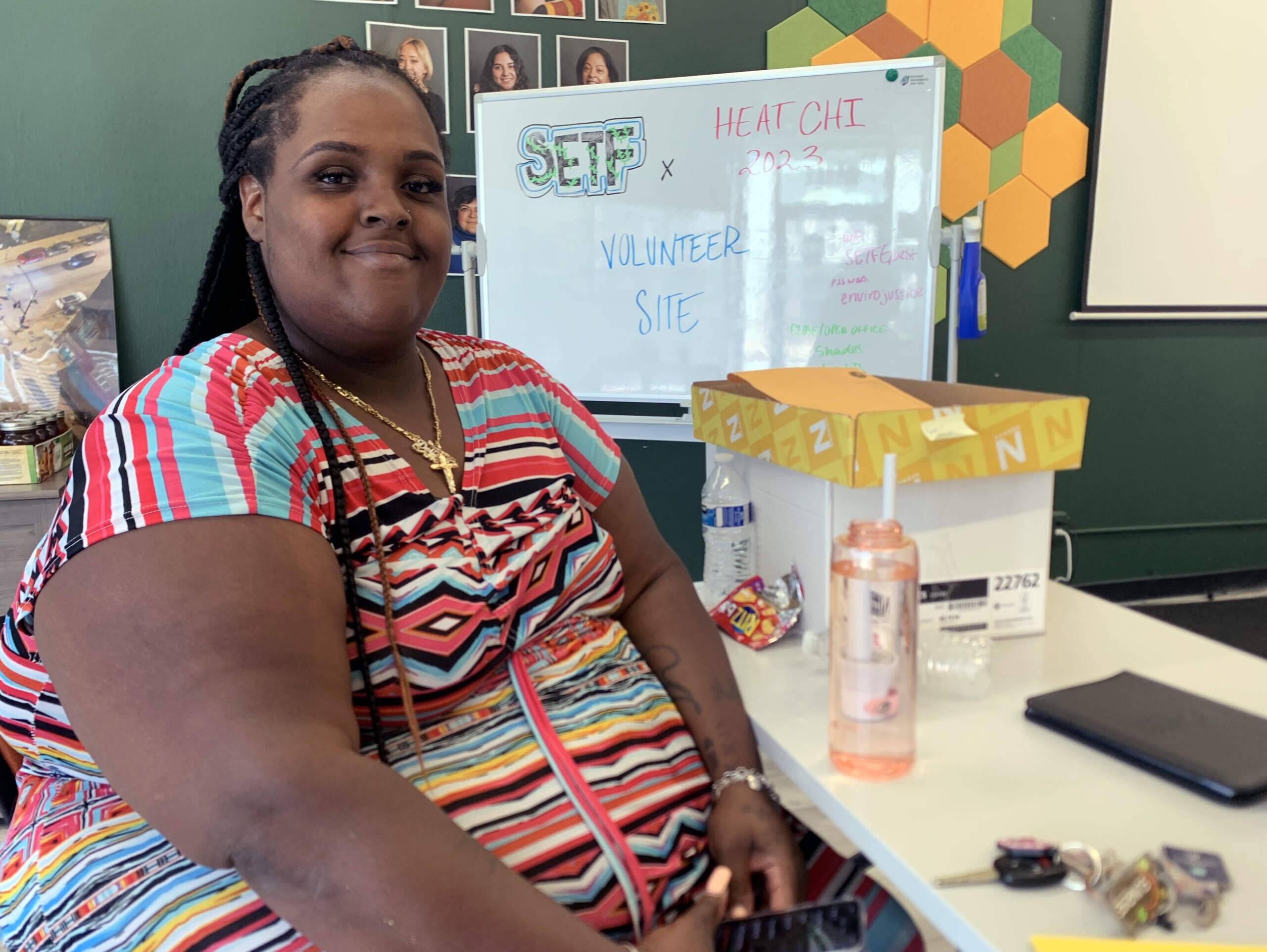 Health equity organizer Adella Bass with People for Community Recovery, at the Southeast Environmental Task Force offices in Hegewisch. (Chris Bentley/Here &amp; Now)