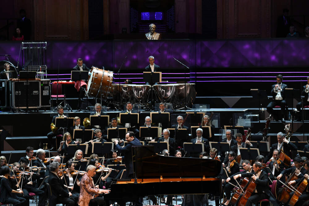 Pianist Jean-Yves Thibaudet performs Gershwin’s Concerto in F with the BSO and Music Director Andris Nelsons on Aug. 26, the orchestra's second night at Royal Albert Hall. (Courtesy Chris Christodoulou)