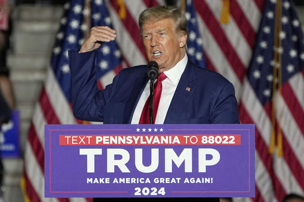Republican presidential candidate and former President Donald Trump speaks during a campaign rally, Saturday, July 29, 2023, in Erie, Pa. (Sue Ogrocki/AP)