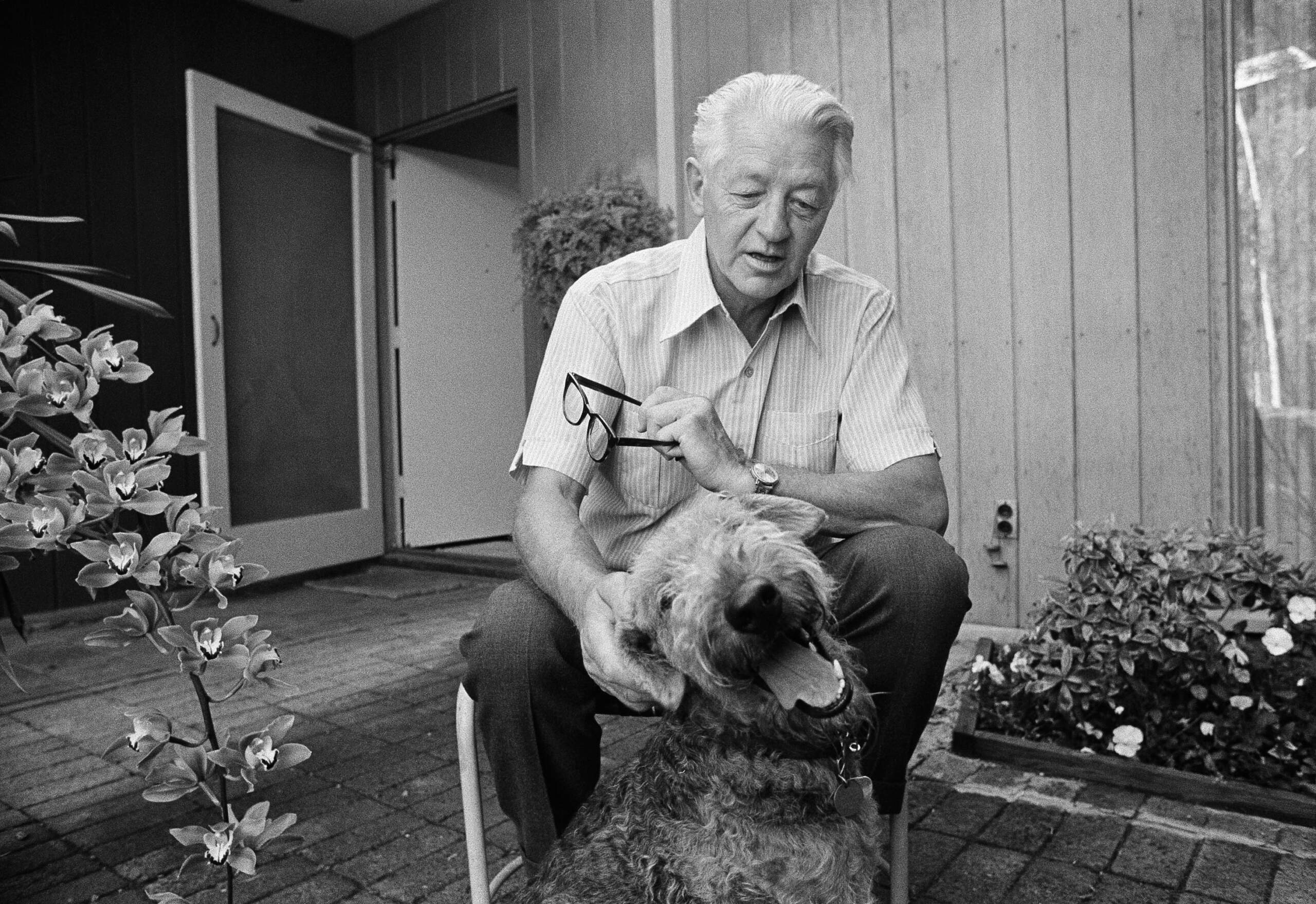 Author Wallace Stegner is shown with his dog, Suzie, at his home in Los Altos Hills, Calif., May 2, 1972. Stegner just won the 1972 Pulitzer for fiction. (Robert W. Klein/AP)