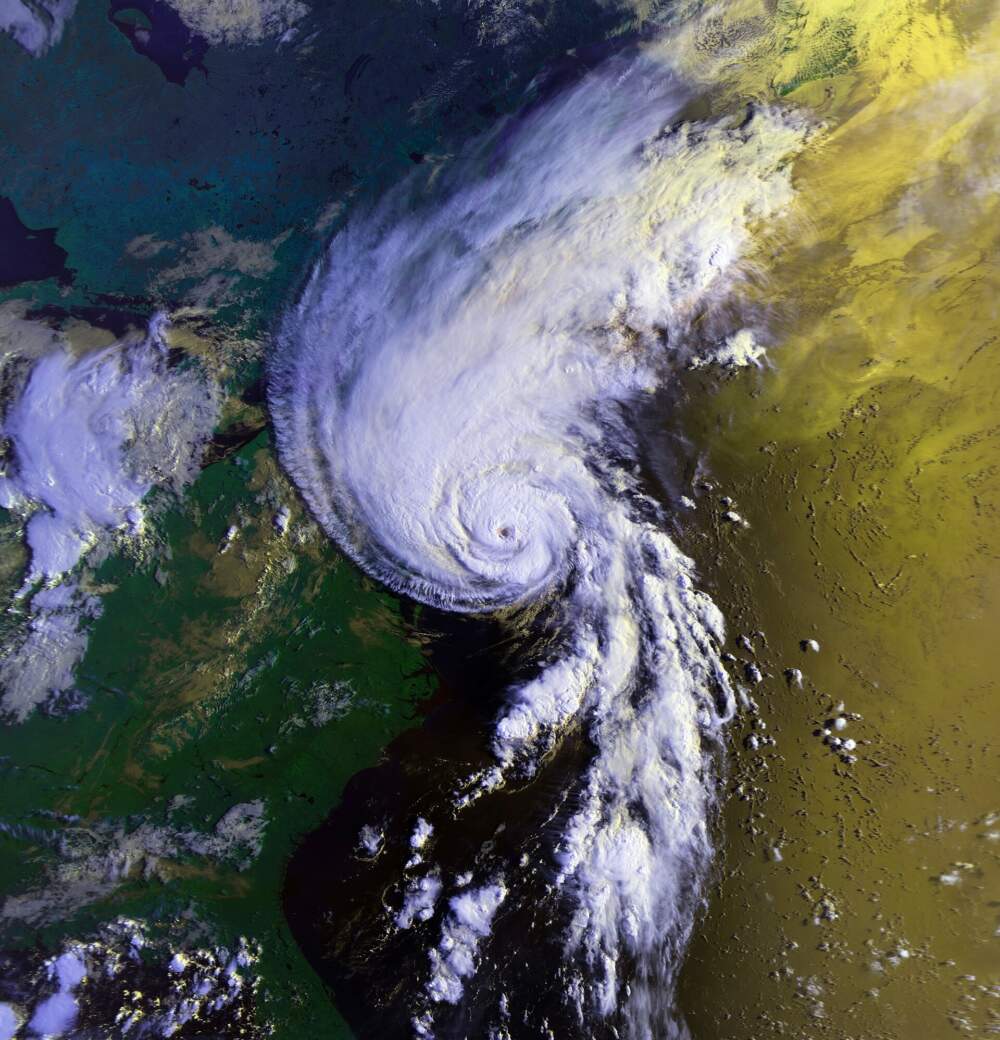 Hurricane Bob approaching New England on August 19, 1991. Bob is the most recent hurricane to make landfall in New England. (Courtesy National Oceanic and Atmospheric Administration)