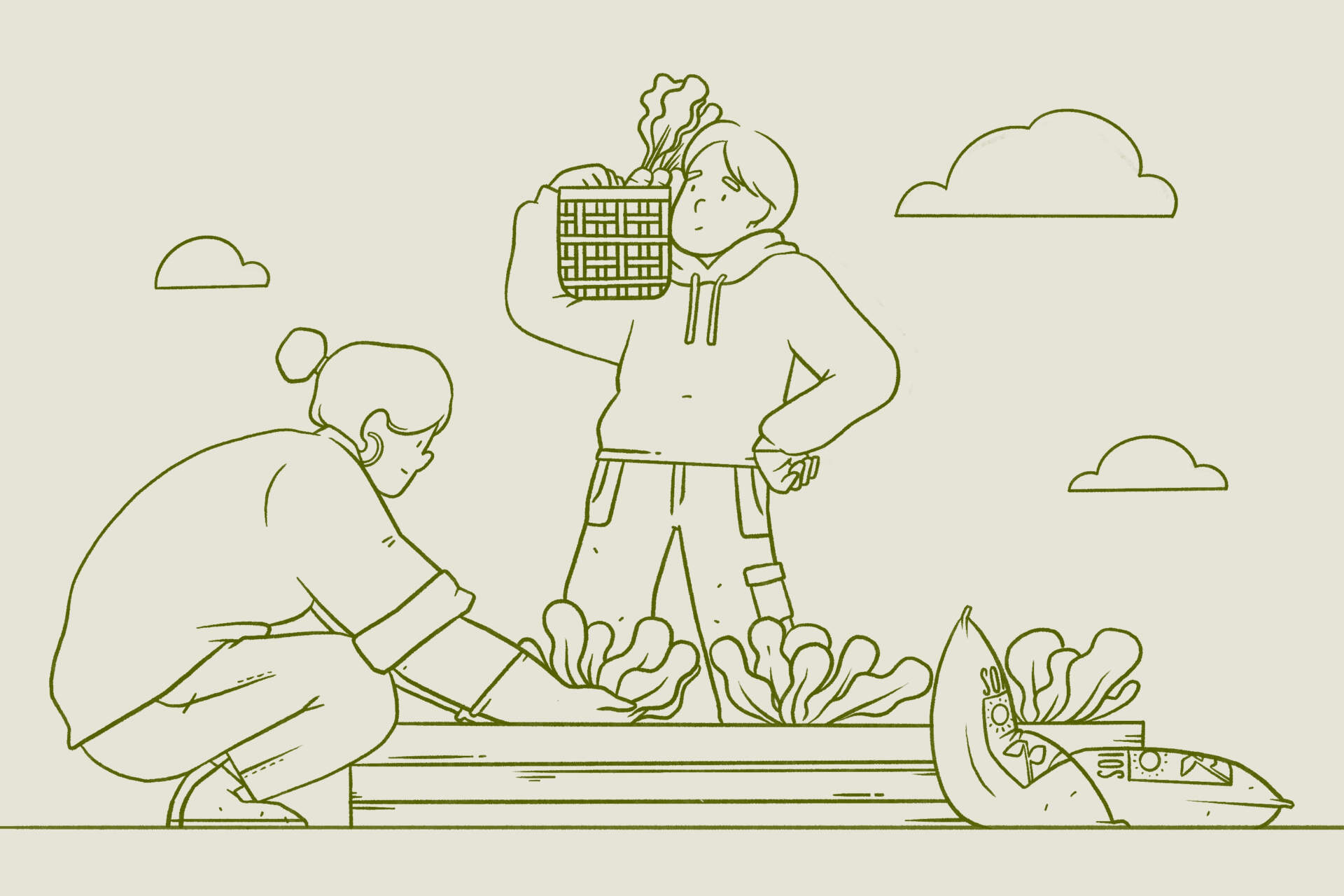An illustration of two people harvesting lettuce at a community garden in Boston. (Midoriko Grace Abe for WBUR)