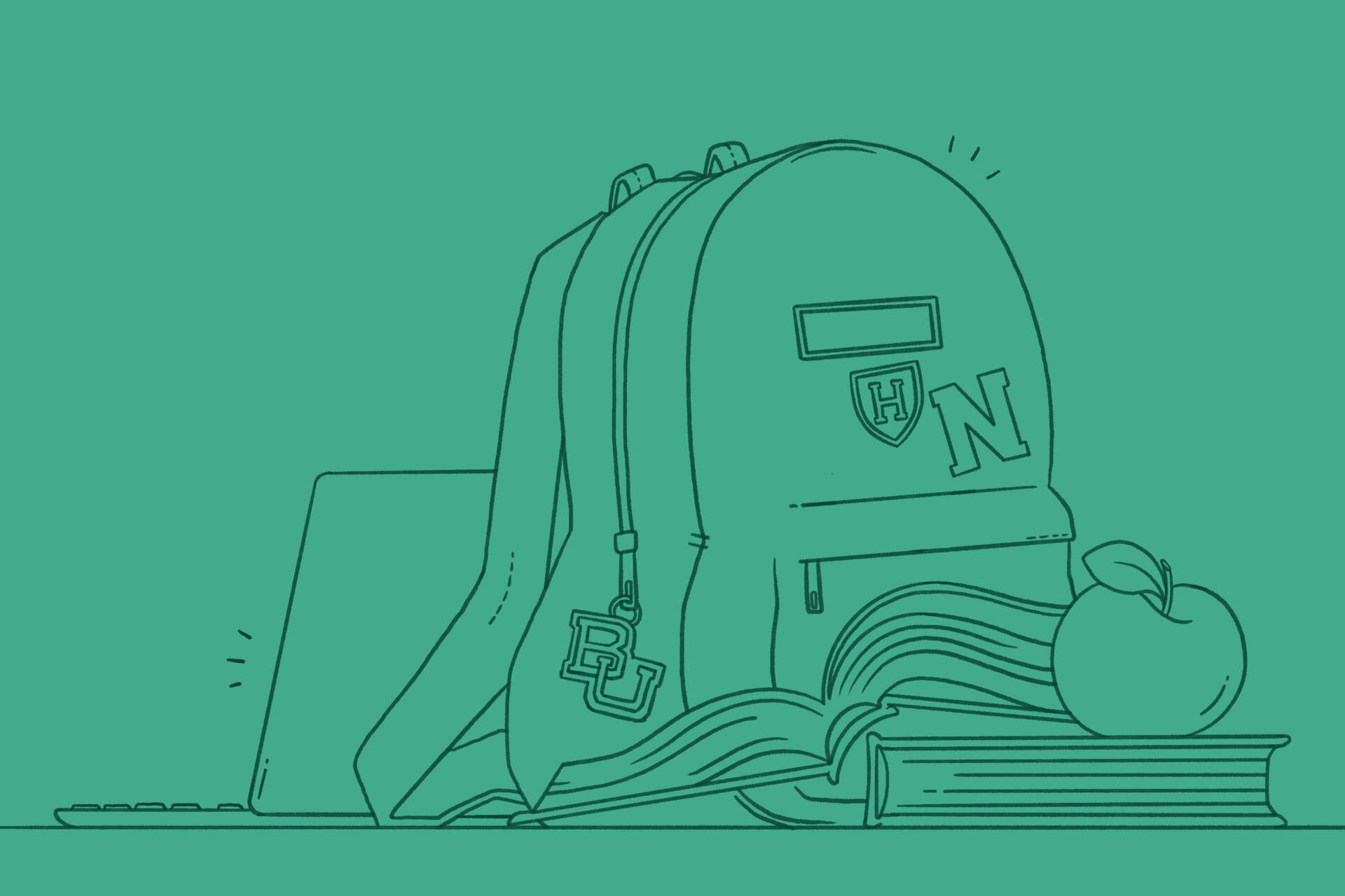 An illustration of books and a backpack with logo for Boston-area colleges. (Midoriko Grace Abe for WBUR)