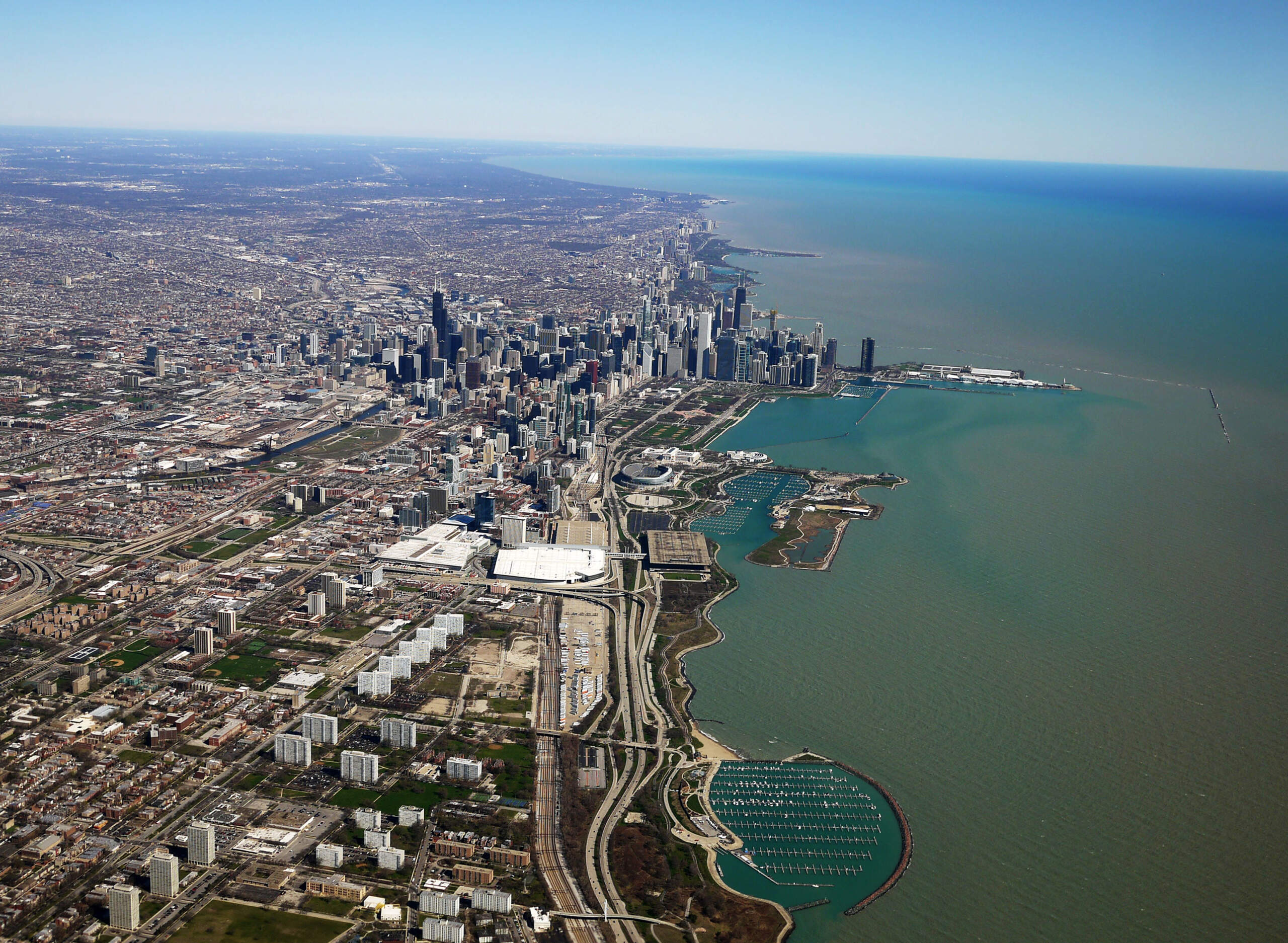 Aerial view, looking north, of Chicago, Illinois. (Interim Archives/Getty Images)
