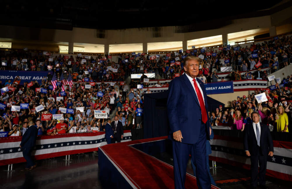 Former U.S. President Donald Trump enters Erie Insurance Arena for a political rally while campaigning for the GOP nomination in the 2024 election on July 29, 2023 in Erie, Pennsylvania. (Jeff Swensen/Getty Images)