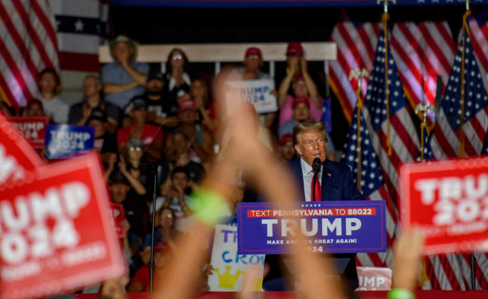 Former U.S. President Donald Trump speaks to supporters during a political rally while campaigning for the GOP nomination in the 2024 election at Erie Insurance Arena on July 29, 2023 in Erie, Pennsylvania. (Jeff Swensen/Getty Images)