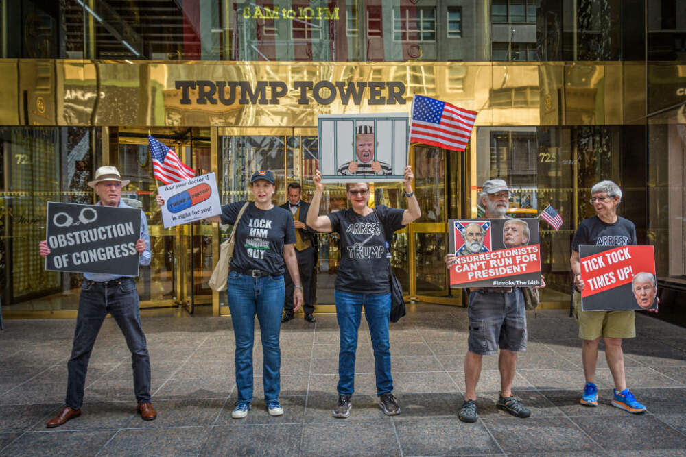 In the wake of the latest Special Counsel Jack Smith's indictment of Donald Trump, members of the activist group Rise and Resist and allies gathered outside Trump Tower in Manhattan demanding state governments to disqualify former President Trump from appearing on ballots in 2024 under the 14th Amendment. (McGregor/LightRocket via Getty Images)