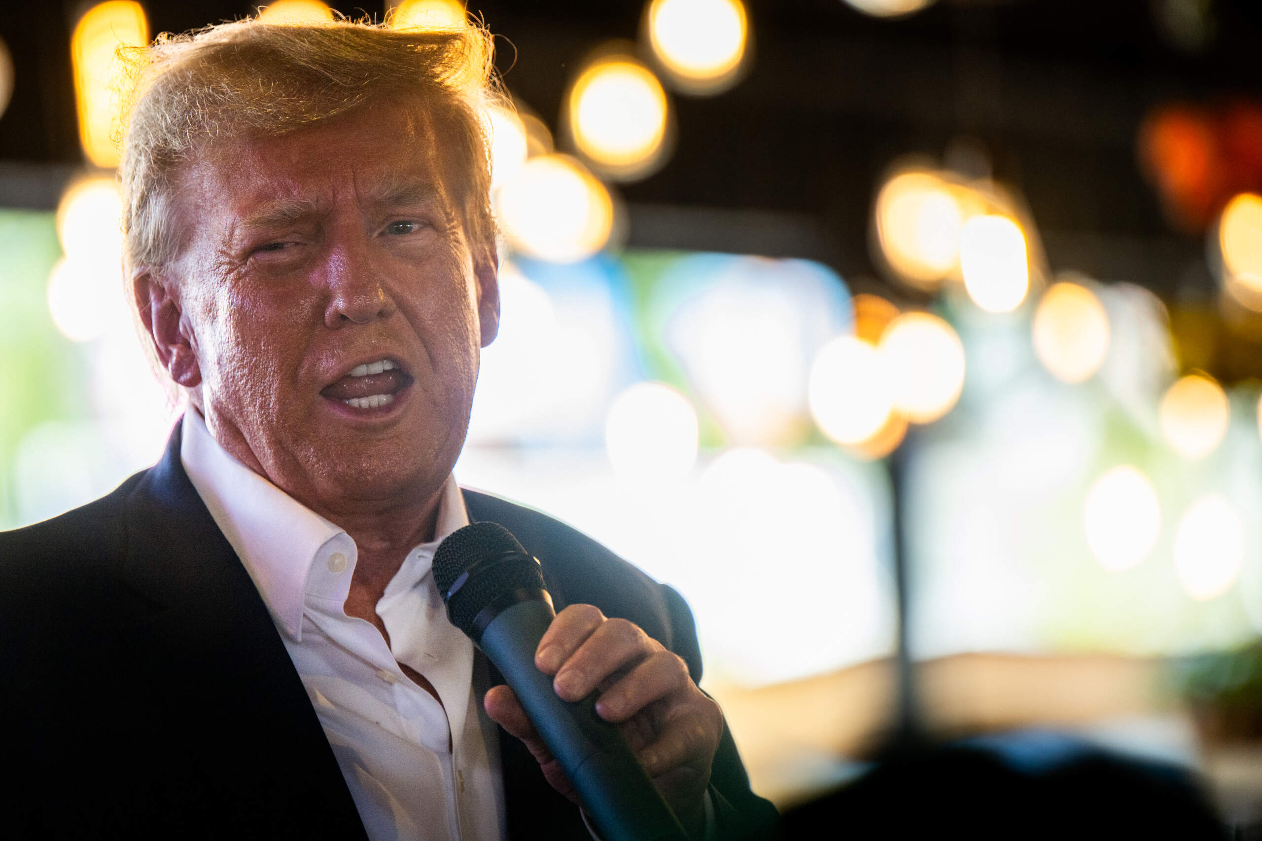 Republican presidential candidate and former U.S. President Donald Trump speaks during a rally at the Steer N' Stein bar at the Iowa State Fair on Aug. 12, 2023 in Des Moines, Iowa. (Brandon Bell/Getty Images)