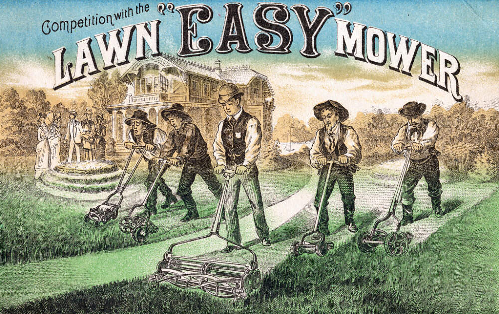 Lawn &quot;Easy&quot; mower competition: Five men mowing the lawn on this lithographed advertisement from 1880. (Getty Images)