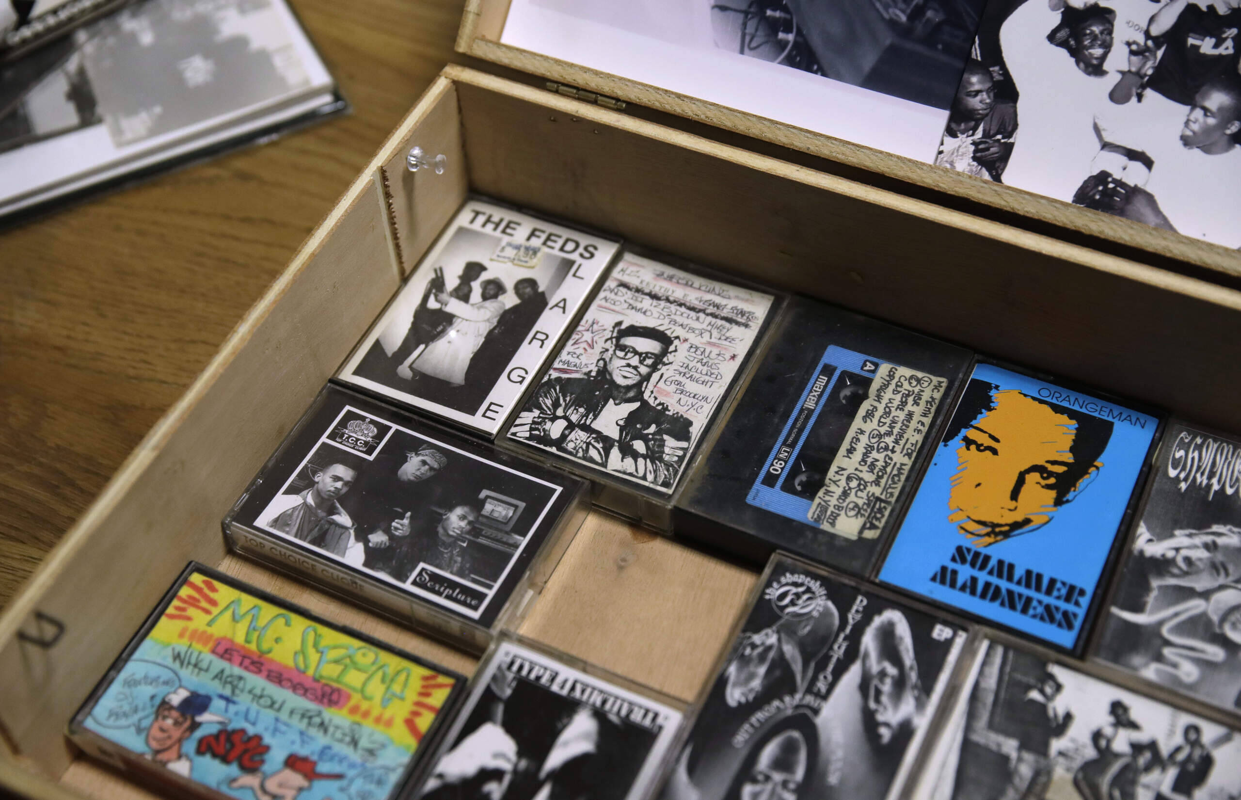 A collection of hip-hop cassette tapes and memorabilia from the 1980's are displayed at the Boston campus of the University of Massachusetts in Boston, Thursday, Nov. 17, 2016. (Charles Krupa/AP)