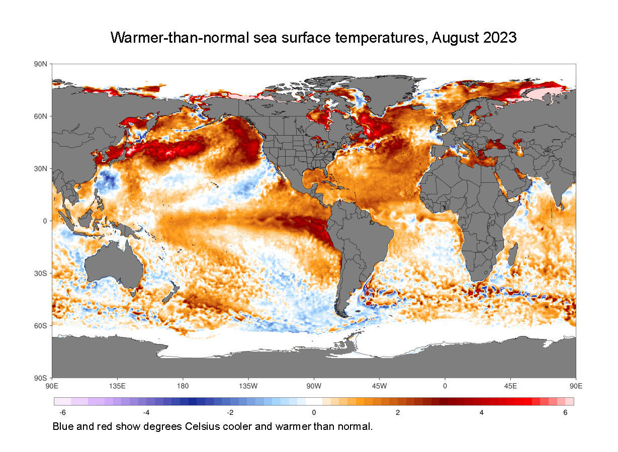 Much of the North Atlantic reached temperatures far above normal by early August 2023. (Courtesy Climate Change Institute, University of Maine and climatereanalyzer.org)