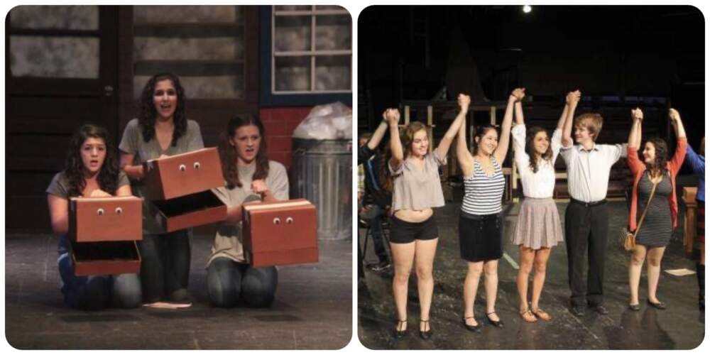 (Left) The author, center, performing in a production of &quot;Avenue Q,&quot; and (Right) the author, center in white shirt, takes a bow after performing in a one-act play about college admissions, both in 2011. (Courtesy Amy Sokolov)