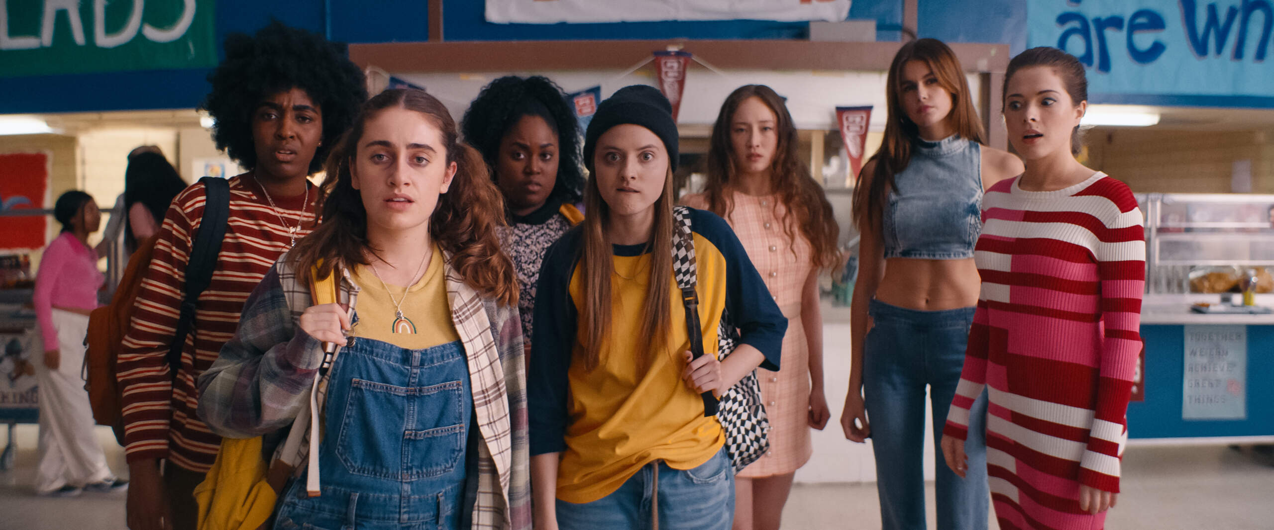 Left to right: Ayo Edebiri, Rachel Sennott, Zamani Wilder, Summer Joy Campbell, Havana Rose Liu, Kaia Gerber and Virginia Tucker in "Bottoms." (Courtesy ORION Pictures Inc.)